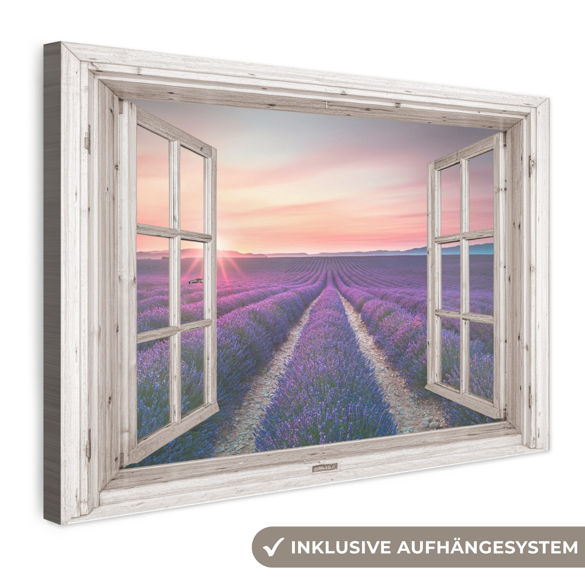 OneMillionCanvasses® Leinwandbild Fensterblick - Fenster - Lavendel - Blumen - Holz - Sonnenuntergang -, Fotodruck (1 St), Leinwand Bilder Klein, Wand Dekoration Aesthetic 30x20 cm