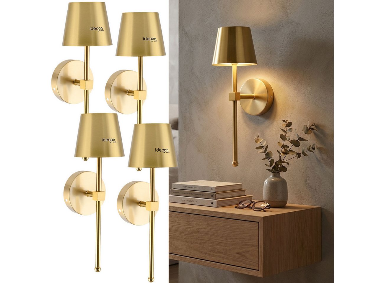 shop'n smile ideoon LED Wandleuchte Kabellose LED Wandleuchte Akku dimmbar Timer & Touch-Sensor GOLD, 44 hochwertige LEDs, Warmweiss Neutralweiss Kaltweiss, 3-stufig dimmbar/Ladezeit ca. 5–6 Std./Ø 11xH35cm