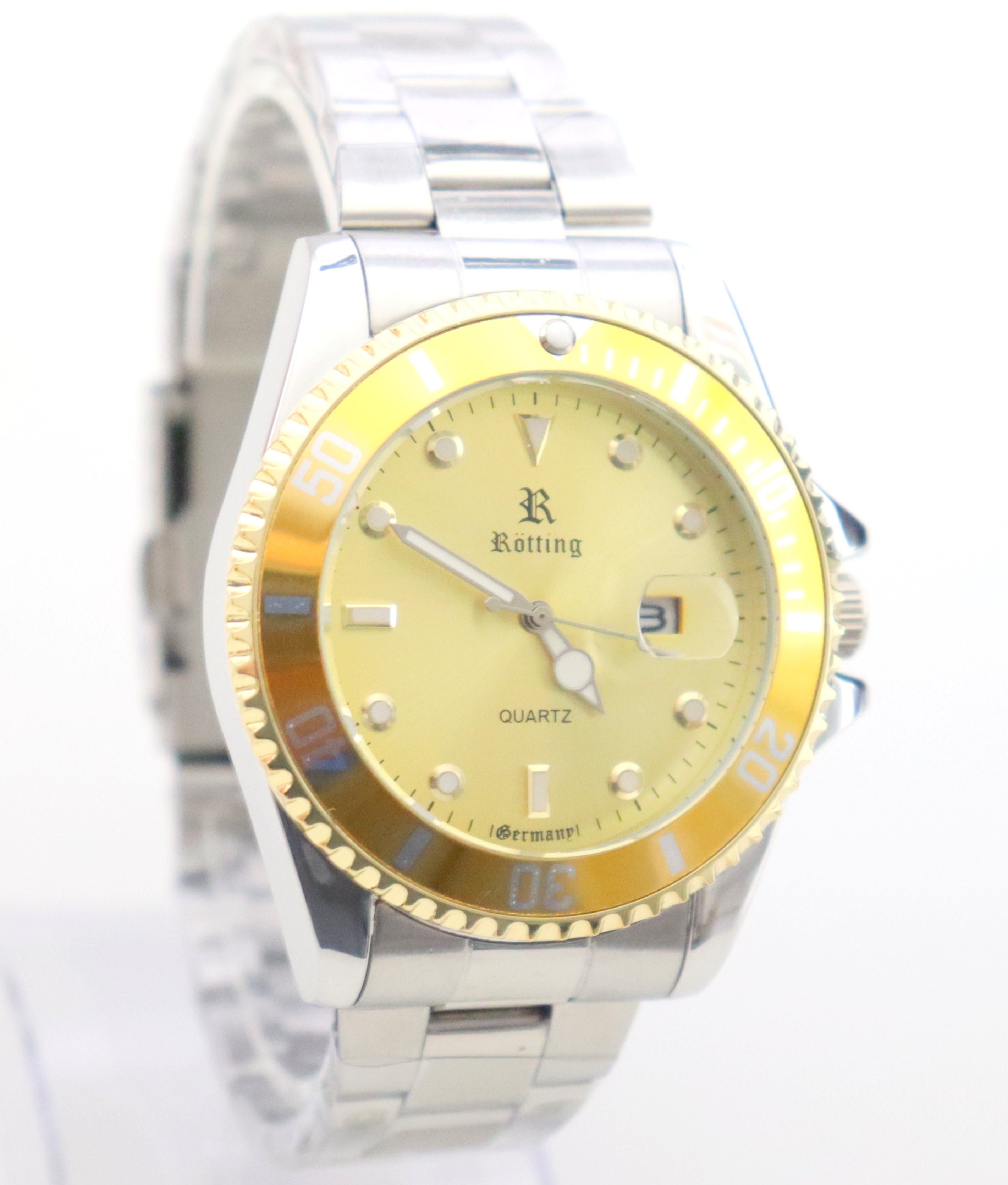 Rötting Design Quarzuhr Herrenuhr Armbanduhr Edelstahl goldfarbenes Ziffernblatt, drehbare Lünette, Datumsanzeige