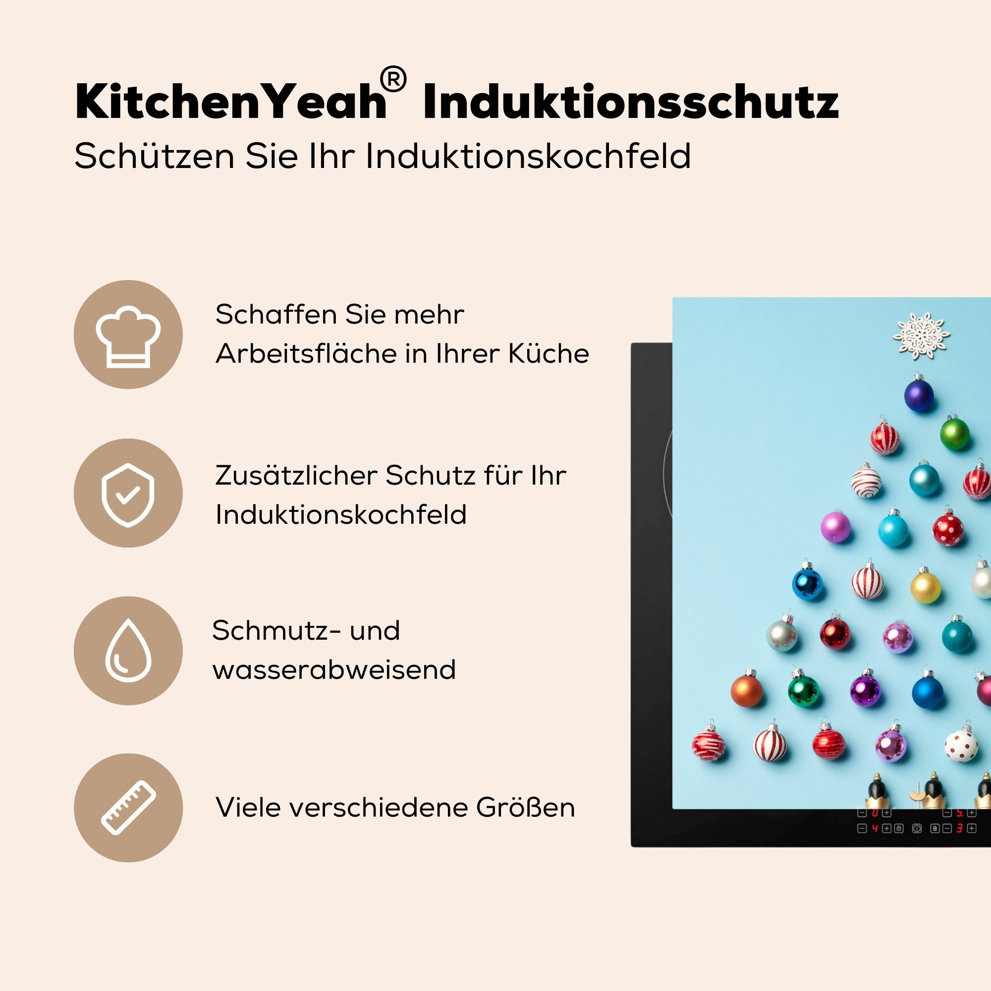 für Ein Vinyl, tlg), cm, Herdblende-/Abdeckplatte Arbeitsplatte Weihnachtsbaum Kugeln MuchoWow hellblauem auf aus (1 küche Ceranfeldabdeckung, 78x78 Hintergrund,