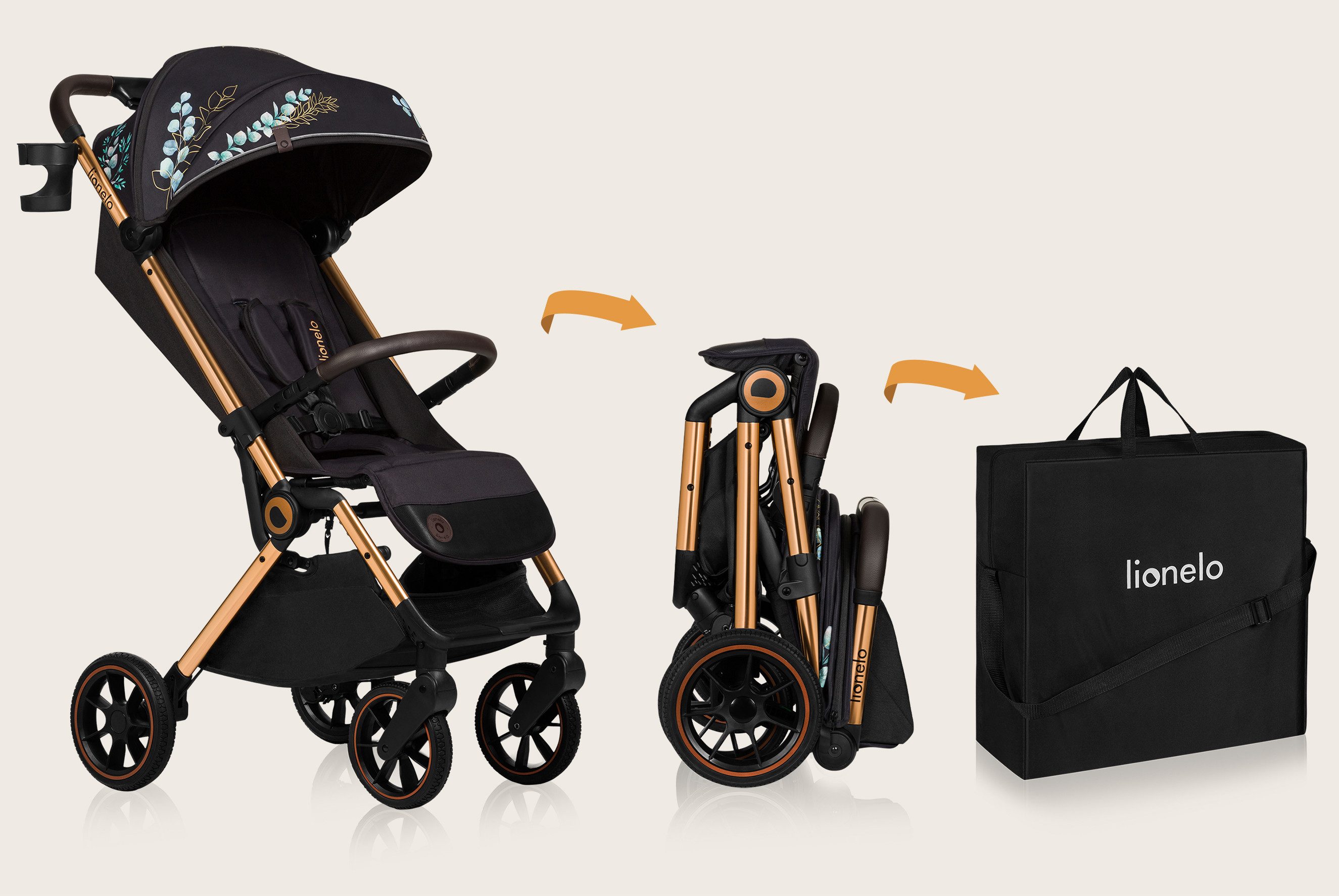 lionelo Kinder-Buggy CLOOE, (Set mit Moskitonetz, Becherhalter, Fußabdeckung und Tragegurt für die Schulter), Auto-Folding/PU-Räder/XXL-Verdeck/Tragegurt/8,2 kg