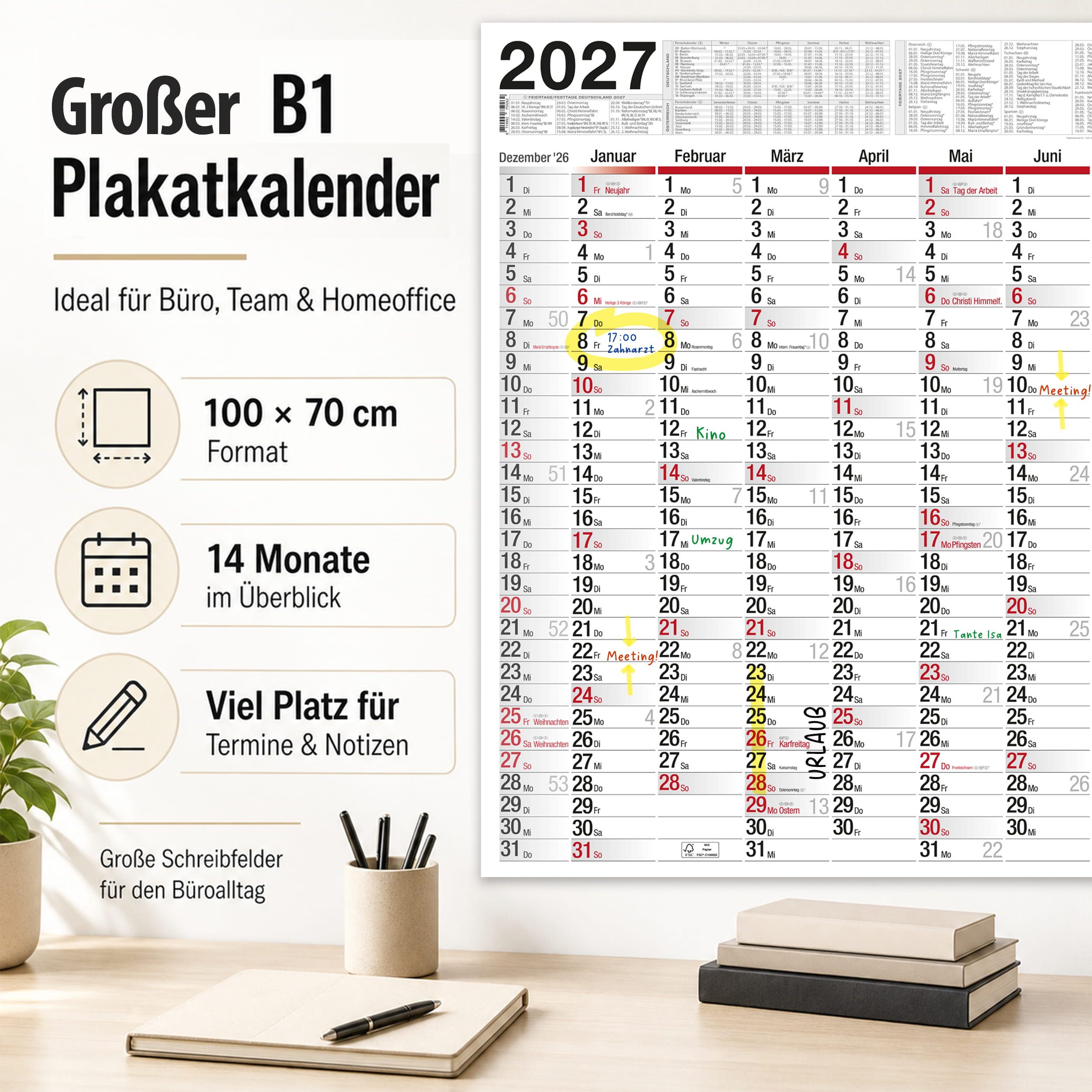 TOBJA Wandkalender Wandkalender 2027 XXL B1 Gefalzt 70x100 cm Jahresplaner, 14 Monate, Ferien DE/AT, KW, FSC, gefalzt