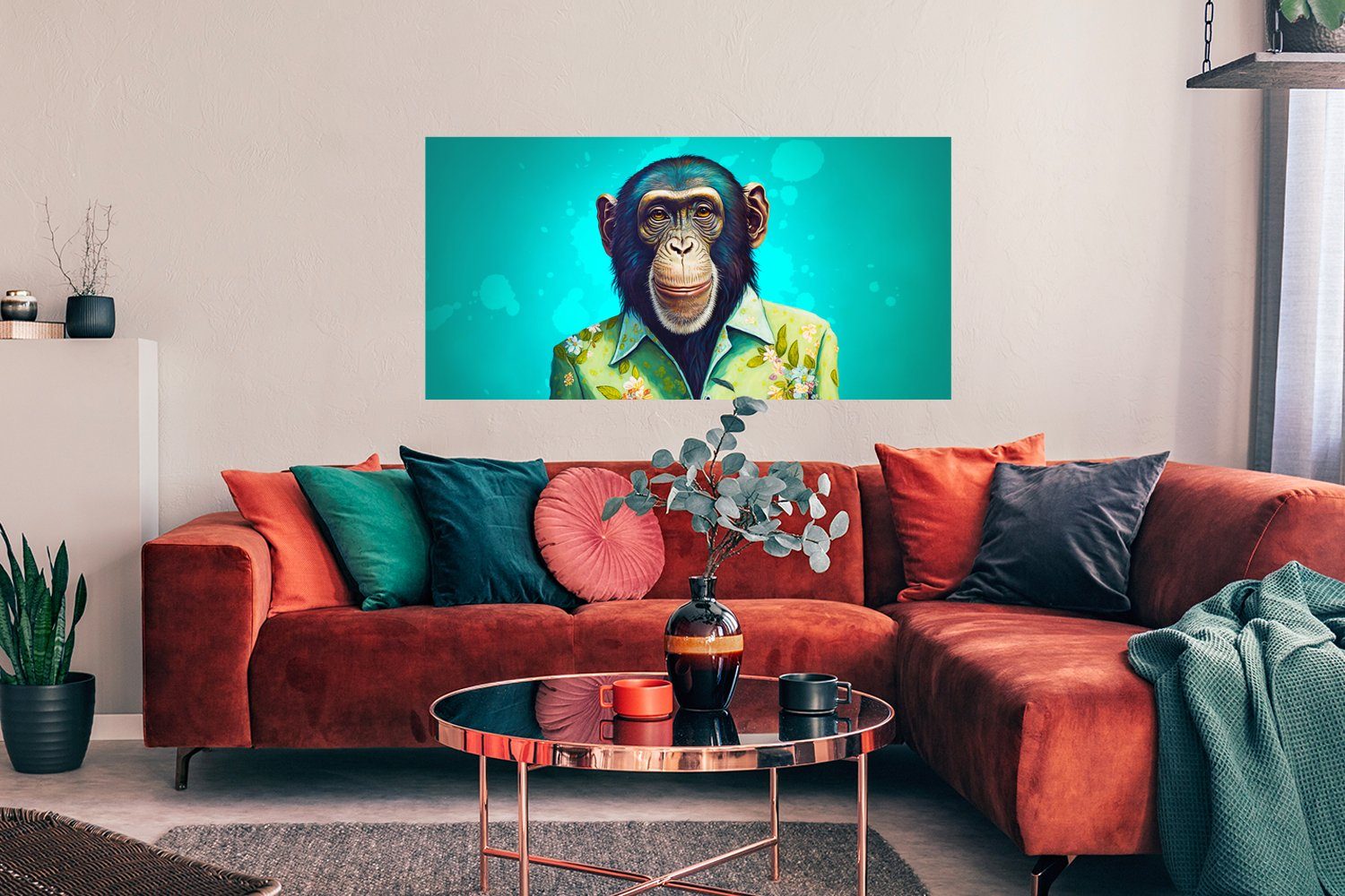 MuchoWow Poster Affe - Bluse - Blumen - Grün - Porträt, (1 St), Bild für Wohnzimmer, Schlafzimmer, Wandposter, Ohne Rahmen, Wanddeko