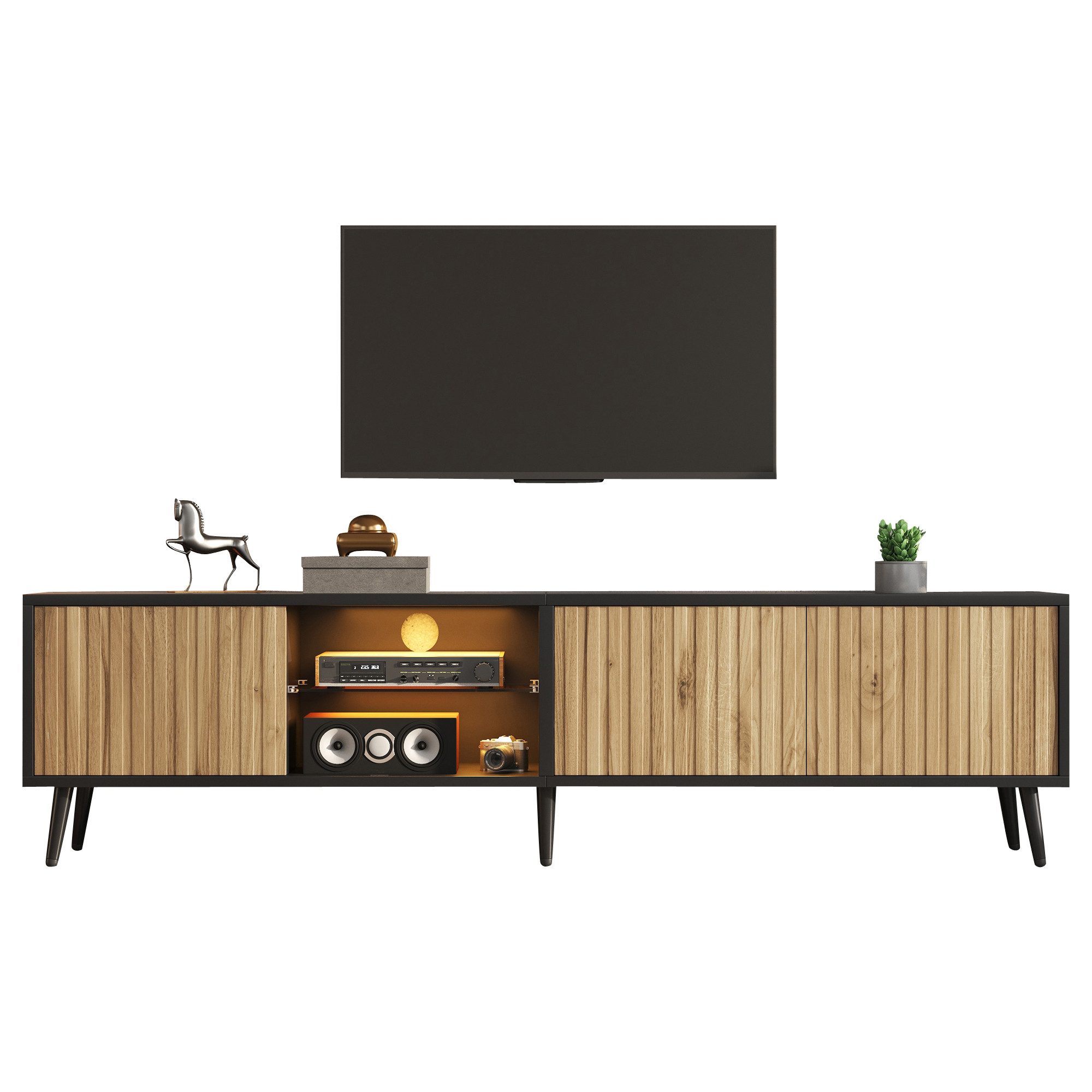 KLAM HOME Lowboard LED TV-Schrank 175cm Naturholz-Schwarz für 75 Zoll Fernseher (Lowboard mit App-gesteuerter Beleuchtung, 3 Schränken & Glasfach), Moderner Wohnzimmer TV-Ständer mit viel Stauraum & 6 Stützbeinen