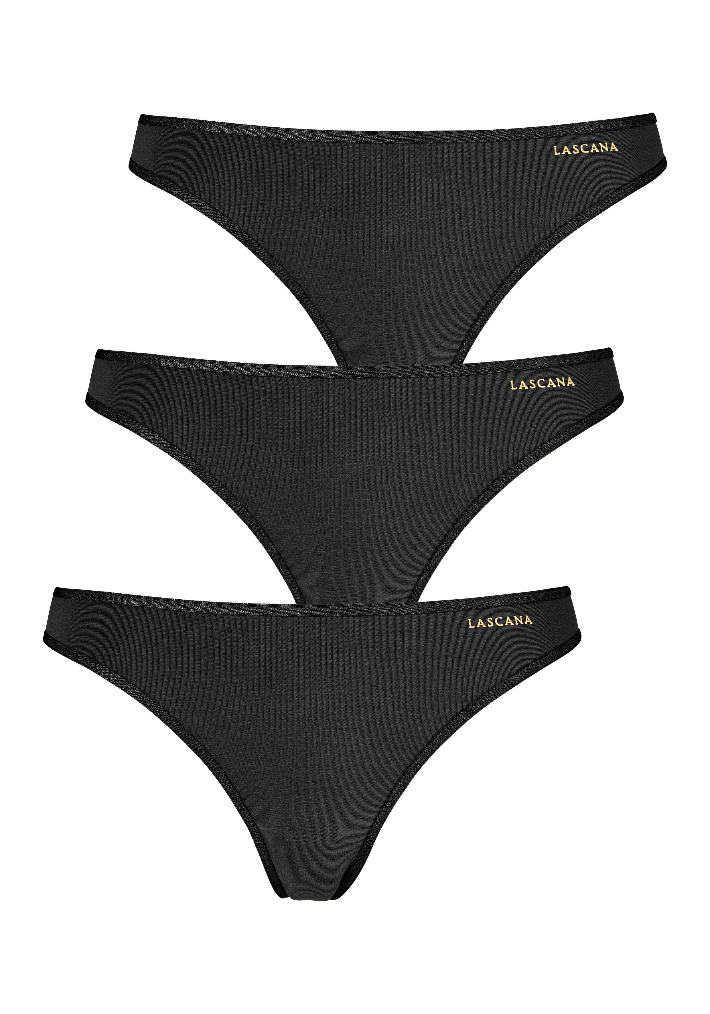 Wäsche/Bademode Unterhosen LASCANA String (3 Stück) mit goldfarbenem Logodruck