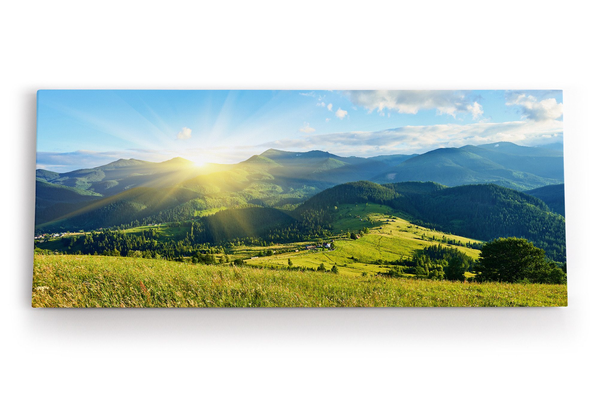 Leinwandbild Alpenlandschaft Berge Gebirge Wiese Sonnenuntergang