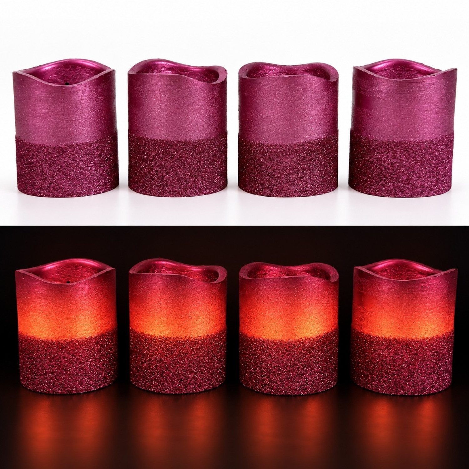 Online-Fuchs LED-Kerze 4 LED-Votivkerzen, Teelichter im Set mit Metallic Glitzer und Timer, KEINE Flamme, leuchtet aus dem Inneren, warmweißer Flackereffekt, praktische 6-Stunden Timerfunktion integriert
