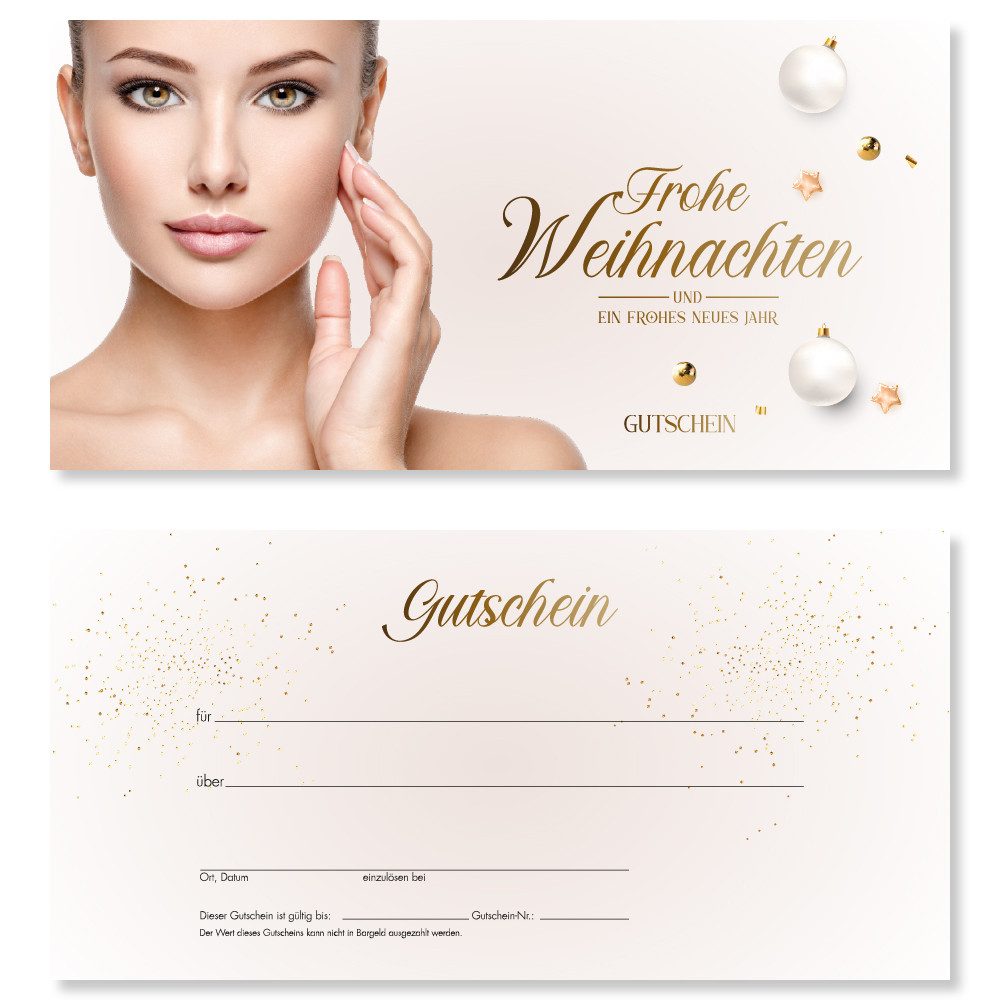 cosmeticPlus Geschenkkarte 50 Weihnachts-Gutscheinkarten fürs Kosmetikstudio (zum Verkaufen), Vorderseite glänzend