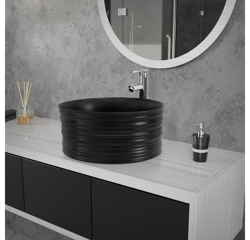 Thumbnail - LuxeBath Waschbecken Aufsatzwaschbecken aus Keramik Waschtisch für Badezimmer und Gäste-WC, Handwaschbecken Schwarz matt...