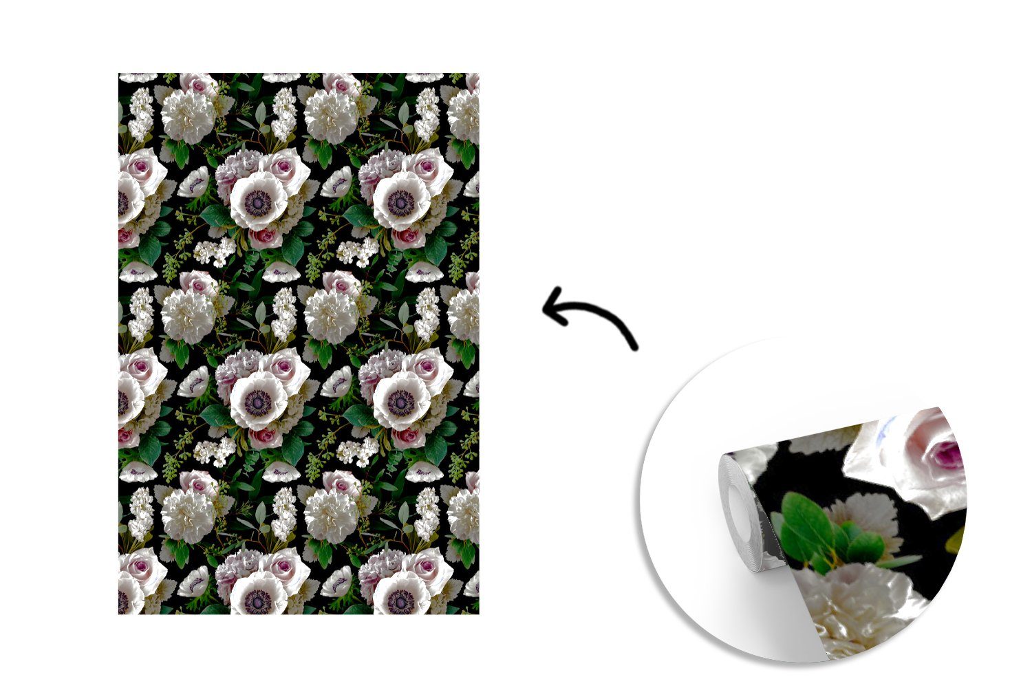 MuchoWow Fototapete Blumen bedruckt, Montagefertig (3 St), für Anemone Rosen, Matt, Wandtapete - Tapete Vinyl - Wohnzimmer