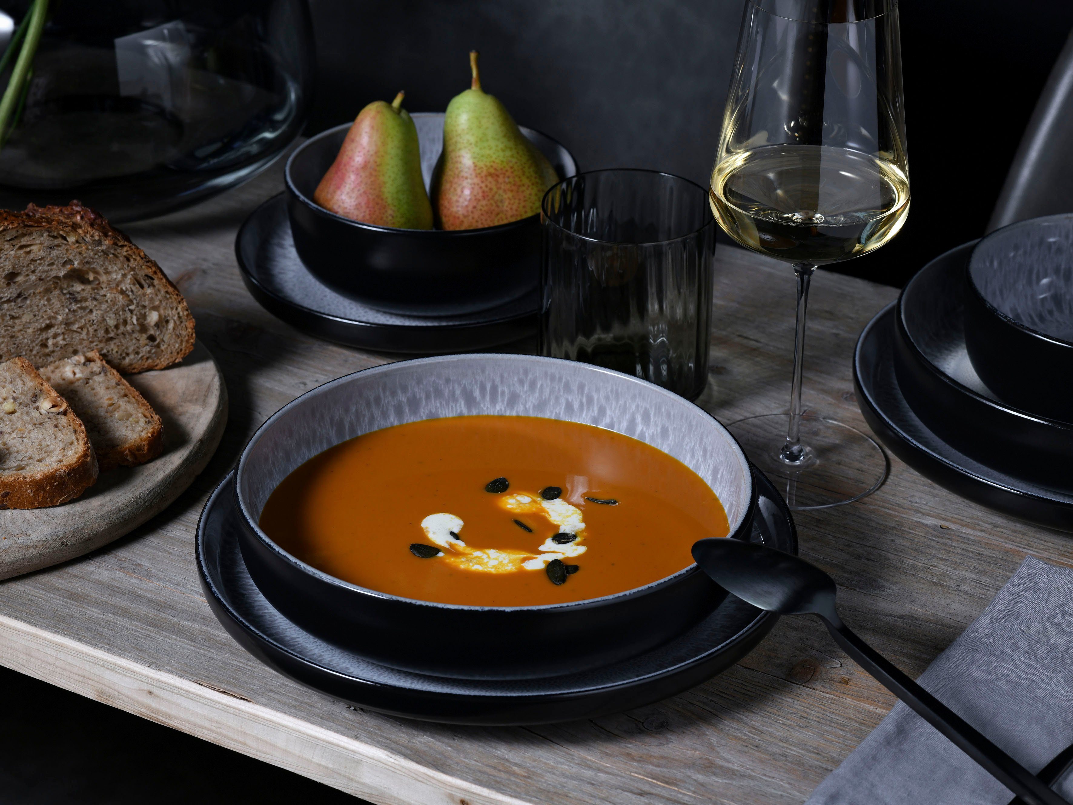 CreaTable Kombiservice Nordic Fjord (10-tlg), 2 Personen, Steinzeug, je 2 Speiseteller, Suppenteller, Dessertteller, Schalen, Kaffeebecher