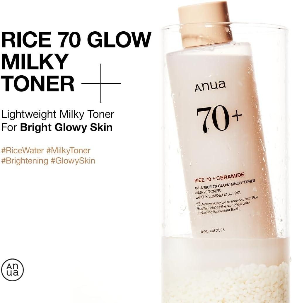 Anua Toner Rice 70 Glow Milky Toner 250ml – Feuchtigkeit & strahlender Teint schnell einziehend, ohne künstliche Duftstoffe, alkoholfrei, parabenfrei, feuchtigkeitsspendend, hautberuhigend, aufhellend, nicht fettend