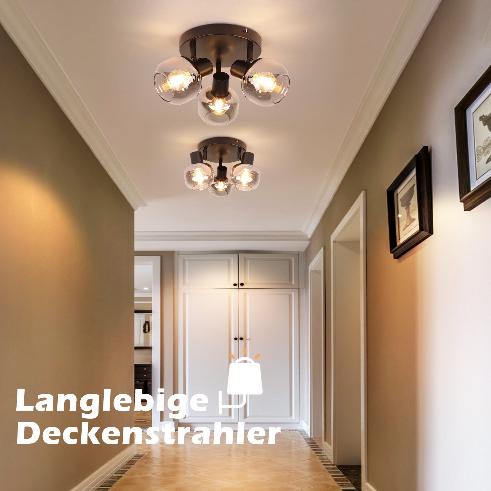 Nettlife Deckenstrahler Modern Rauchgrau Glas 3 Flammig Deckenspots E14 Schwarz Deckenleuchte, Schwenkbar 350°, LED wechselbar, Deckenleuchte Strahler für Flur Küche Wohnzimmer