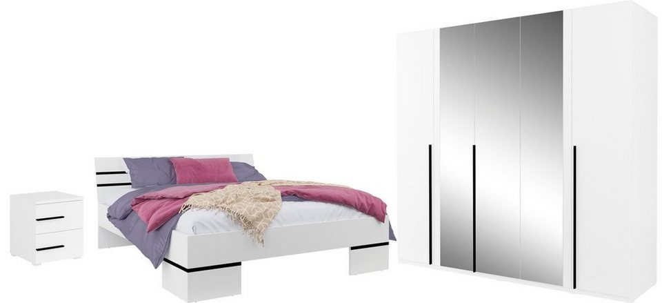 Helvetia Schlafzimmer-Set Violla, 4-teilig weiß schwarz, - 1 Bett - 1  Kleiderschrank - 2 Nachtkonsolen