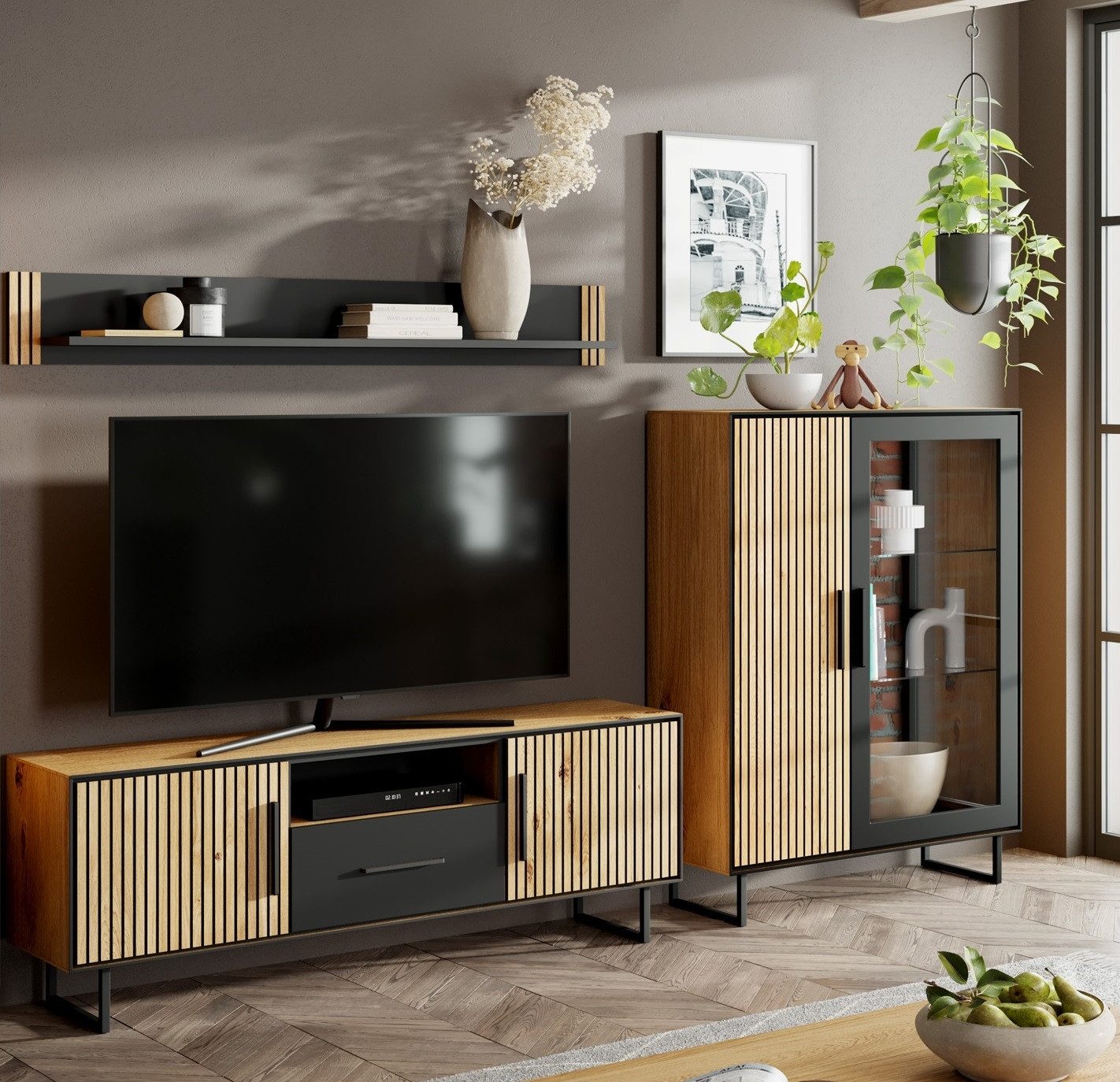 Lebenswert Wohnwand Eddie, (3-teilig), (3-teilig) in Eiche / schwarz - 287x173x40 (BxHxT)