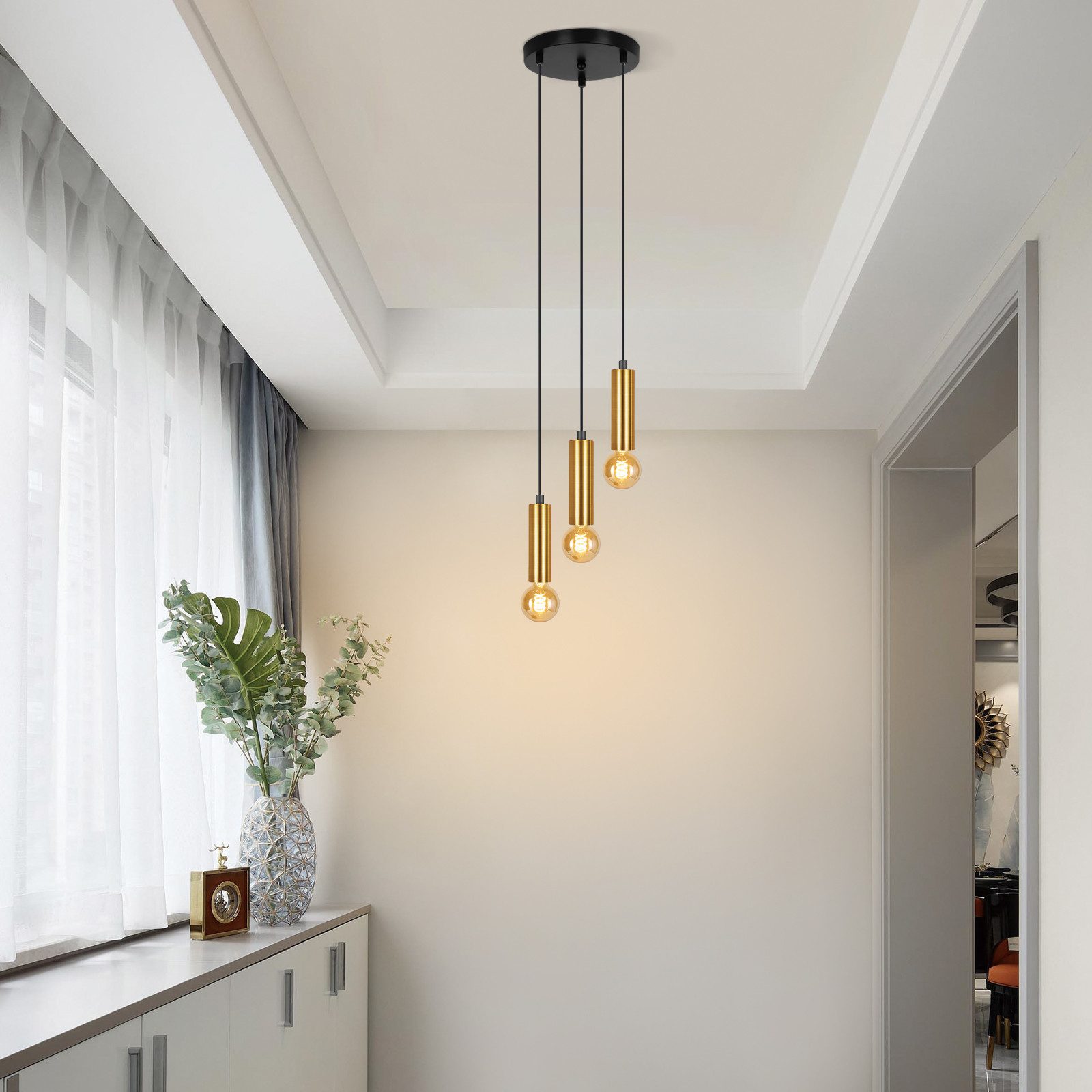 ZMH Pendelleuchte Esszimmer Gold 3 Flammig E27 Hängend 135CM wohnzimmerlampe Küche, Hochwertige Design, ohne Leuchtmittel, Höhenverstellbar für Hotel Büro Vinta – Bild 4 von 5