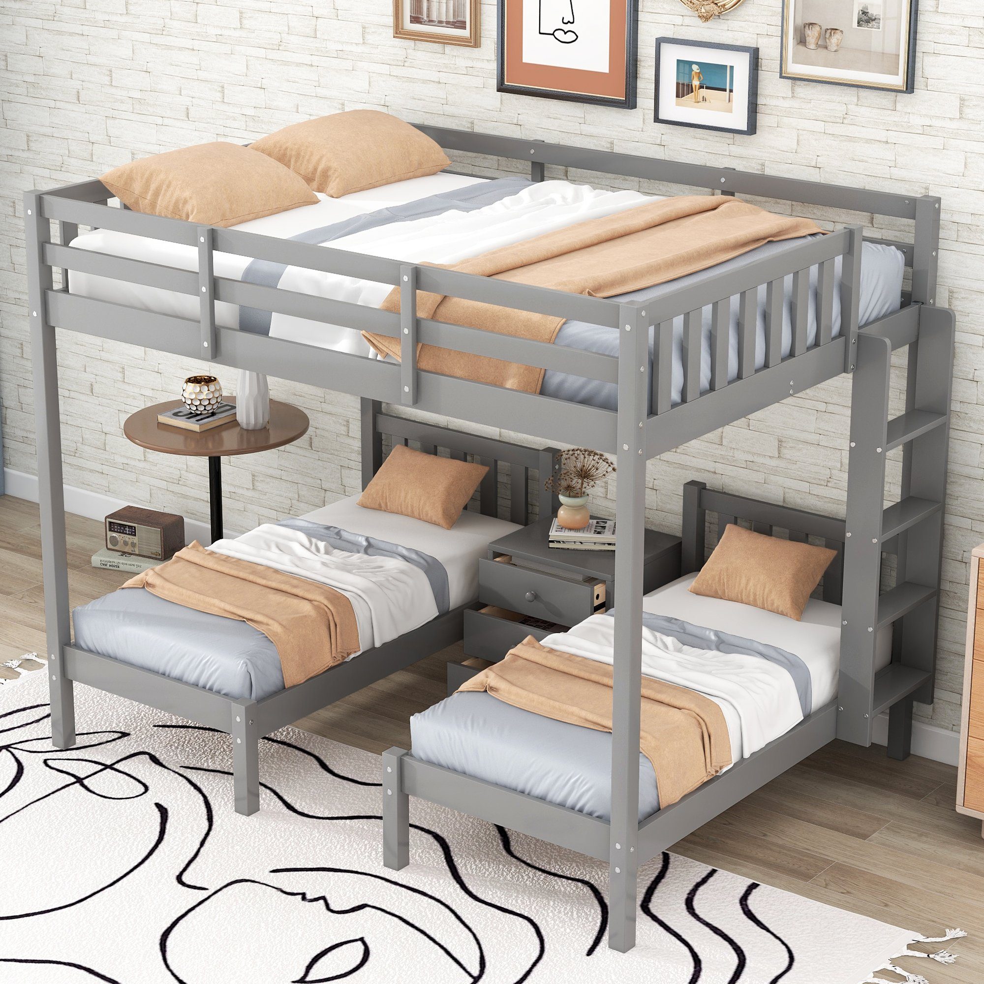 SOFTWEARY Etagenbett mit 3 Schlafgelegenheiten (70x140cm/140x200cm, inkl.  Rollrost, Leiter und Nachtkonsole), Kinderbett mit Rausfallschutz, Kiefer