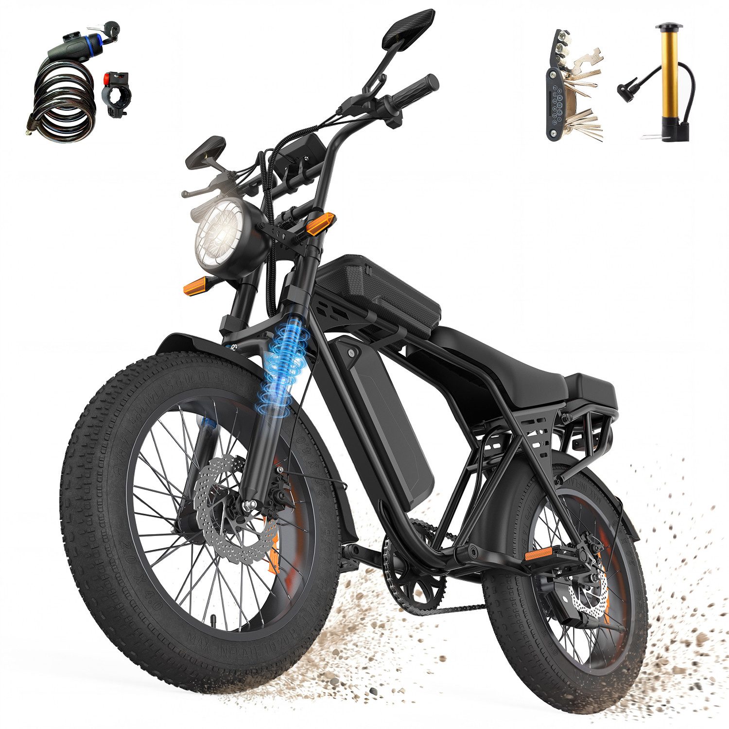 PixelPilot E-Bike Mountainbike X5 20 Zoll Fatbike 48 V 15 Ah Akku Elektrofahrrad und 4,0 Zoll Reifen, 1 Gang, Heckmotor, 720 Wh, (Packung)