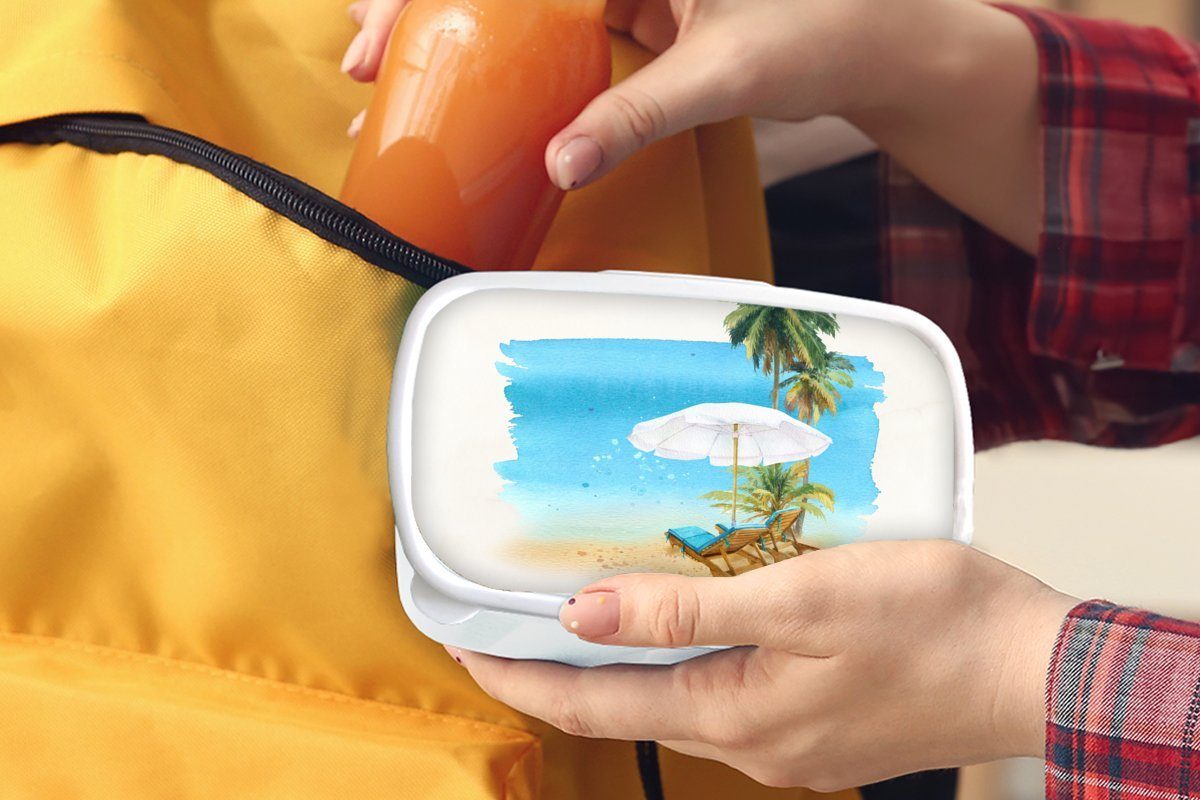 MuchoWow Lunchbox Strandkorb Sonnenschirm - (2-tlg), Erwachsene, weiß Kunststoff, Kinder Brotbox und - und Jungs für Brotdose, Palmen Mädchen - Wasserfarben, für