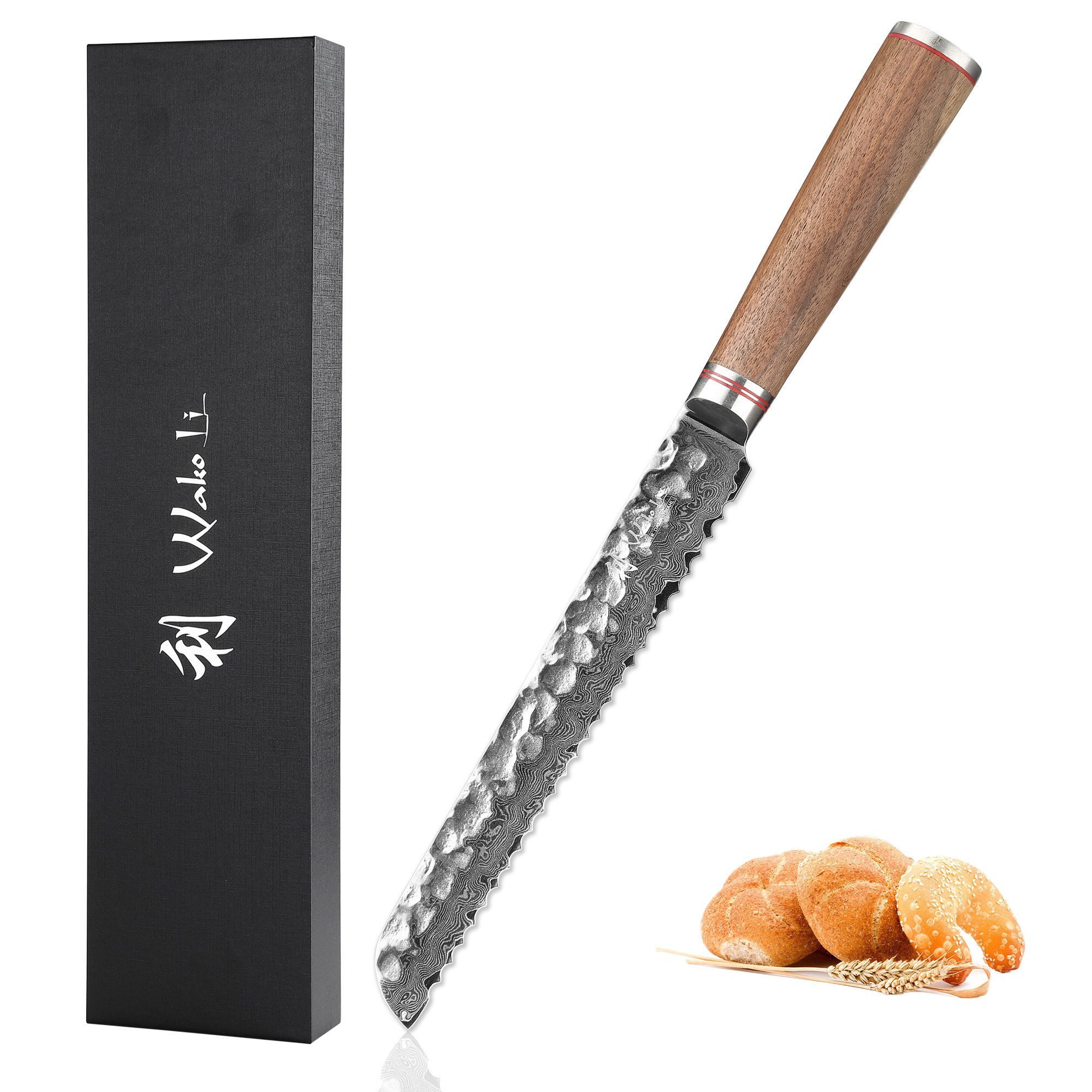 Wakoli Brotmesser Nussbaum I 20 cm Damast Wellenschliffklinge I Kochmesser Küchenmesser, aus 67 Lagen Damaststahl, VG10 Kern