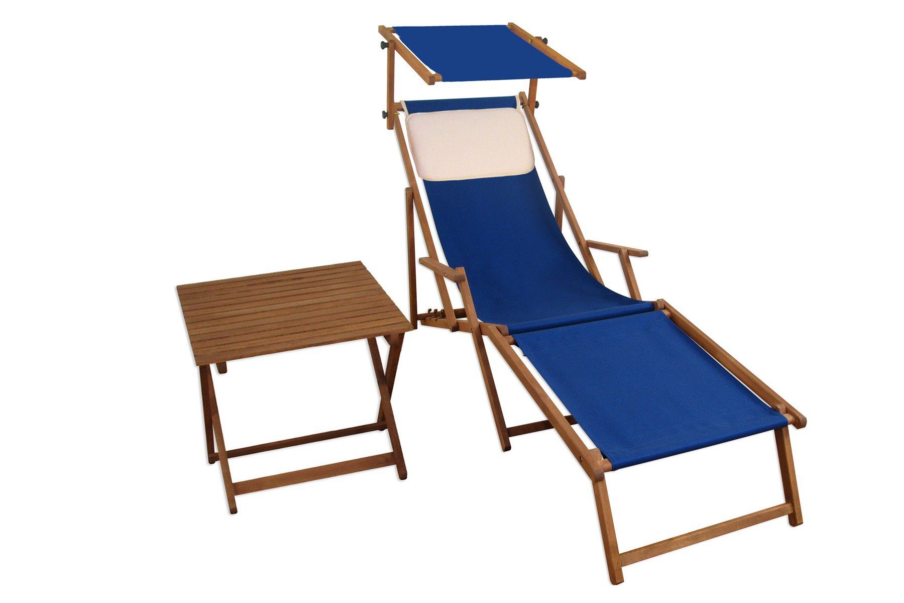 Gartenliege Sonnenliege blau Strandliege Holzliege Fußteil Sonnendach Tisch Kissen