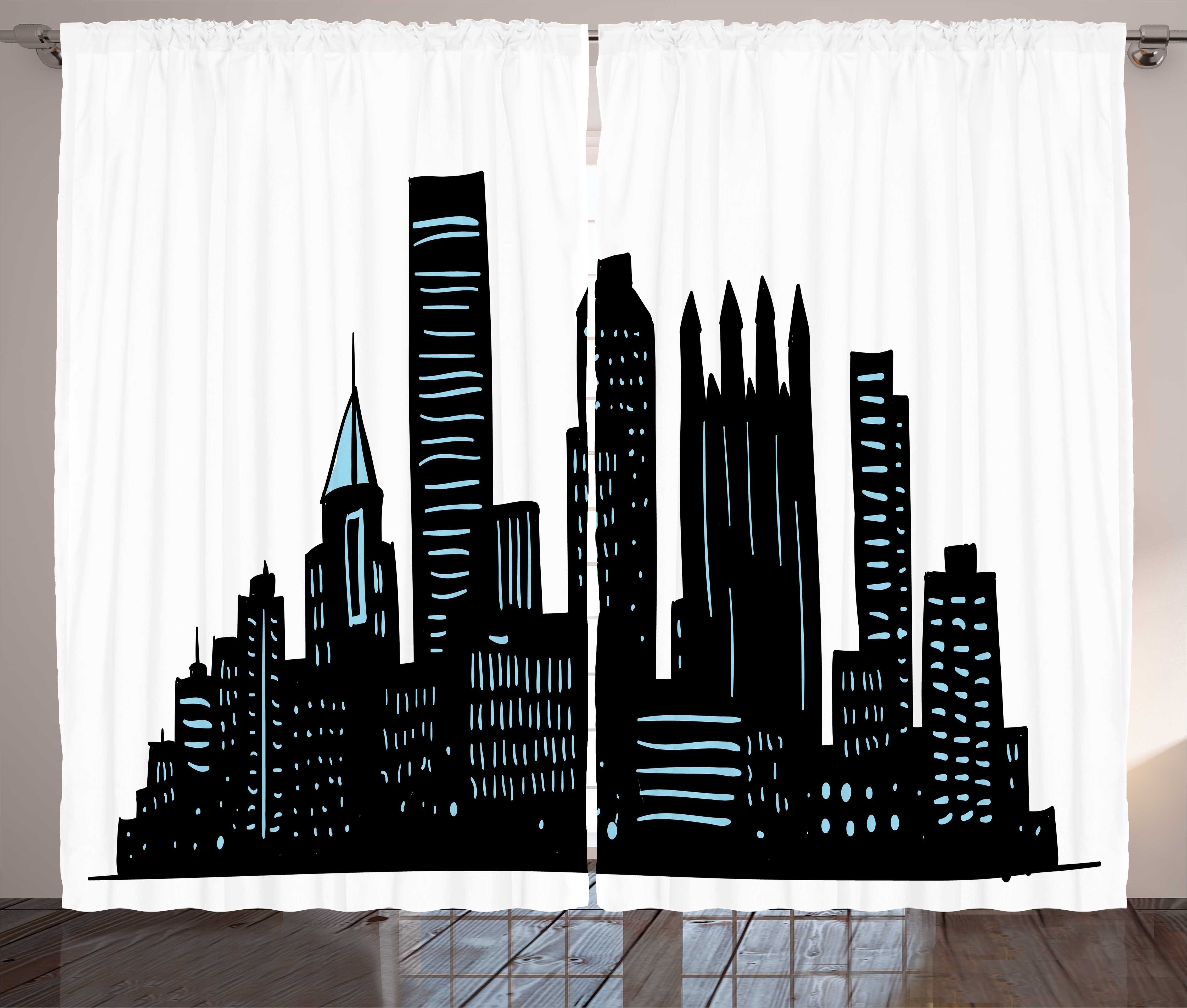 Silhouette Haken, Gardine Abakuhaus, Kräuselband Schlaufen Vorhang Stadt Cartoon Schlafzimmer mit Pittsburgh und
