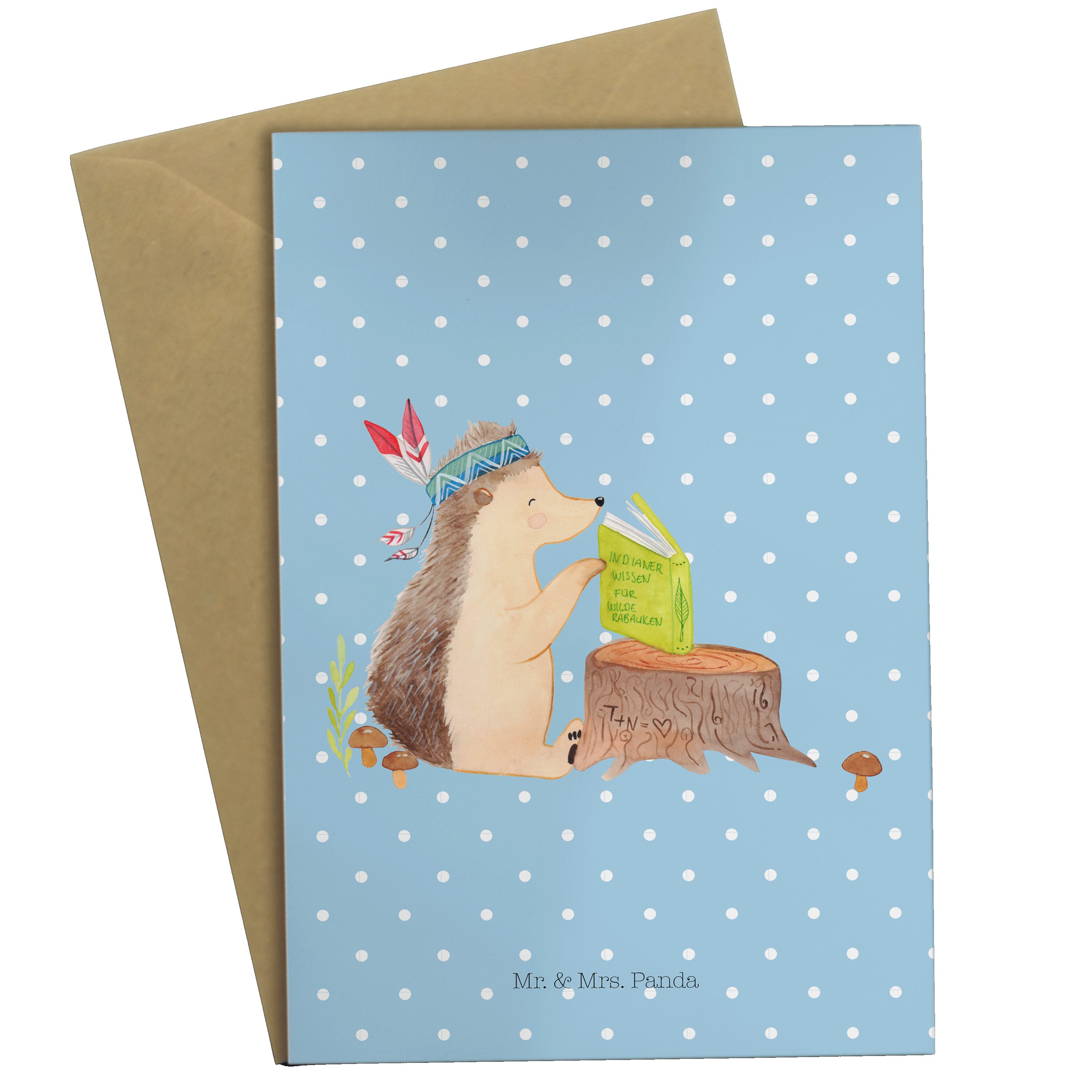 Mr. & Mrs. Panda Grußkarte Igel mit Federkopfschmuck - Blau Pastell - Geschenk, Tiere, Camping
