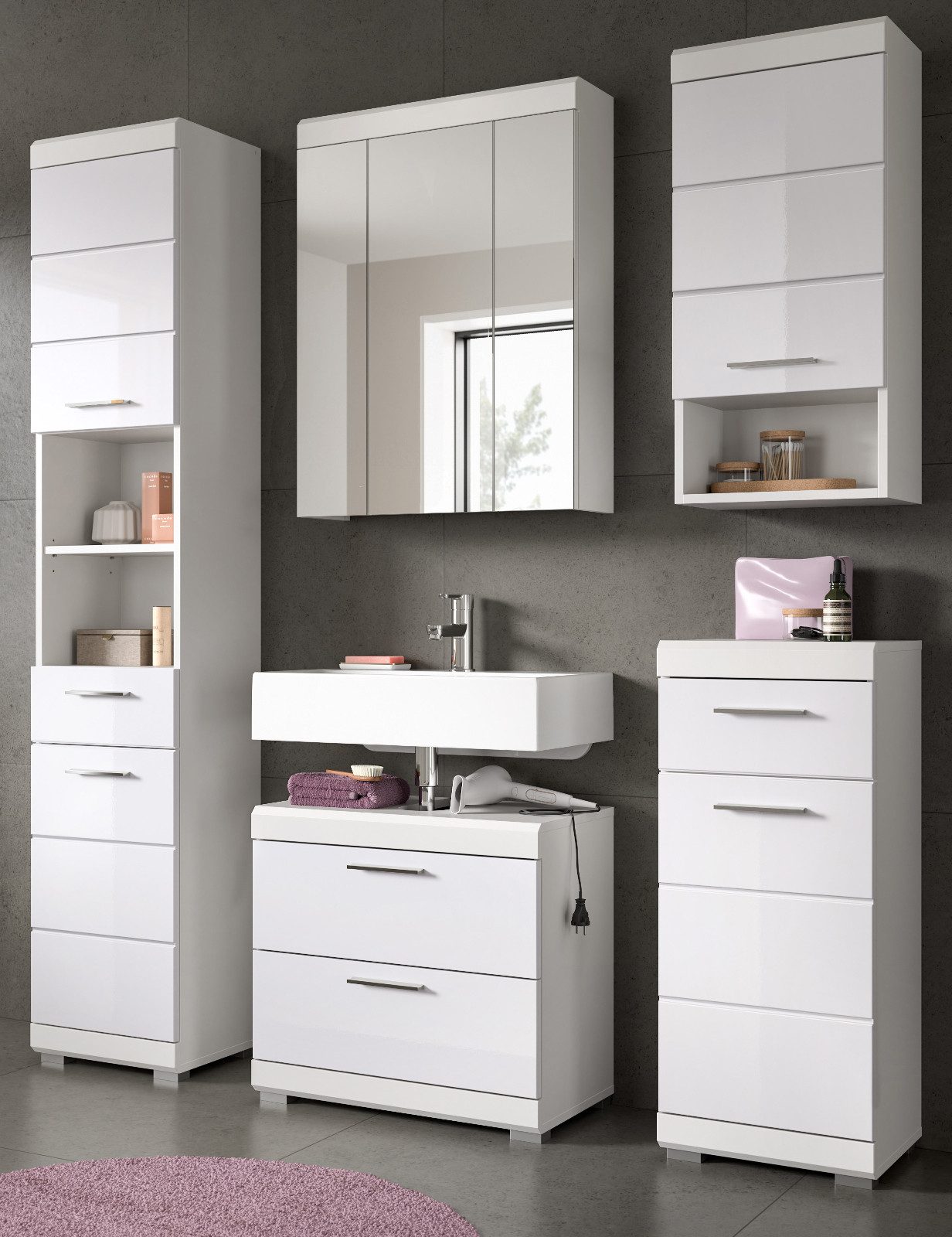 Inn.Furn Badmöbel-Set Shawn, (in weiß Hochglanz, 5-St., Badkombination 164 x 191 cm), mit viel Stauraum