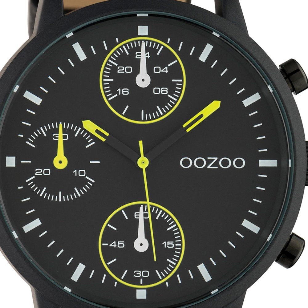 OOZOO Quarzuhr Oozoo Herren Armbanduhr schwarz Analog, Herrenuhr rund,  extra groß (ca. 50mm) Lederarmband, Fashion-Style, neonfarbene Zeiger und  weiße Indizes