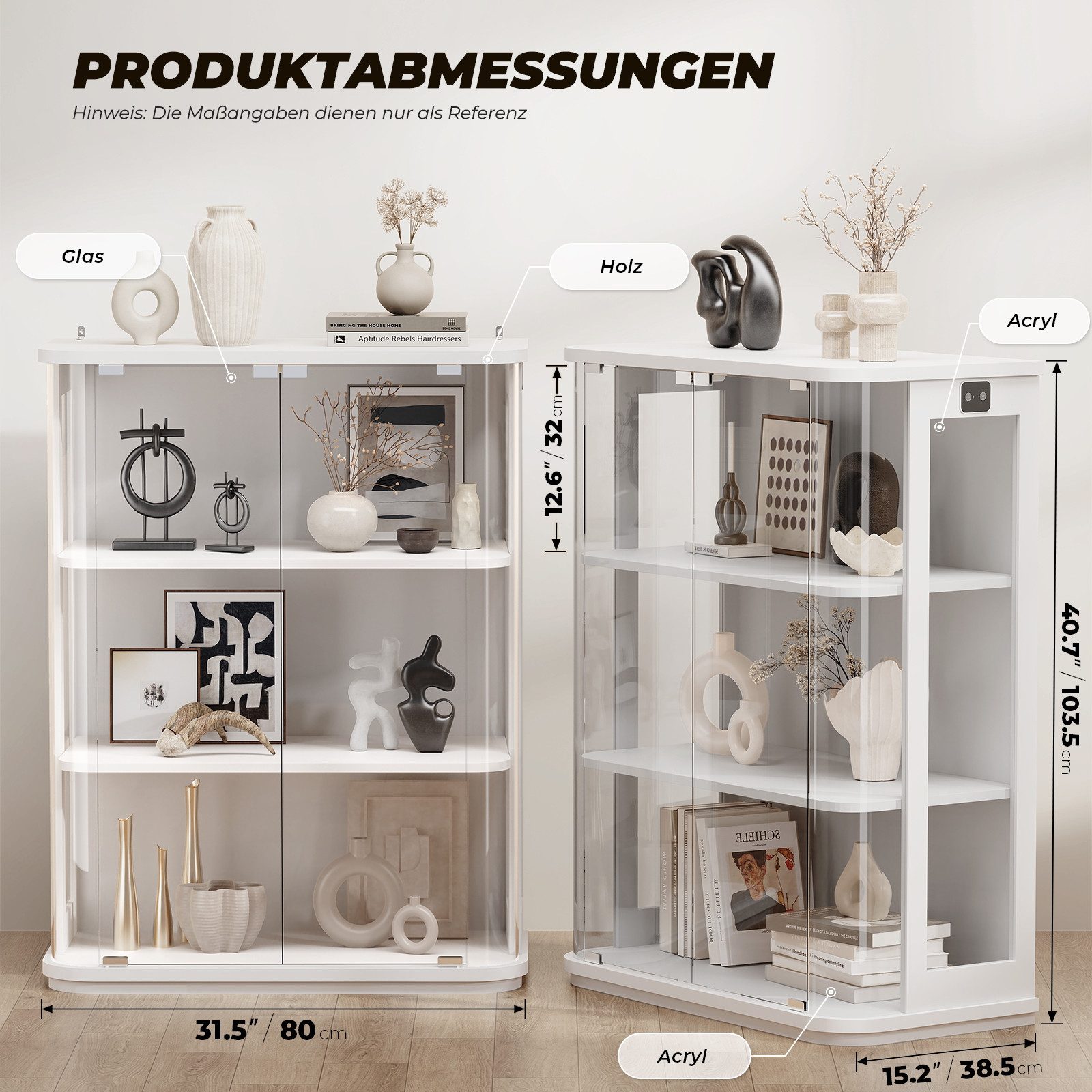 BROTTAR Glasvitrine Rund 3 Ebenen LED mit Sensor (1-St) 80×38.5×103.5cm, weiß