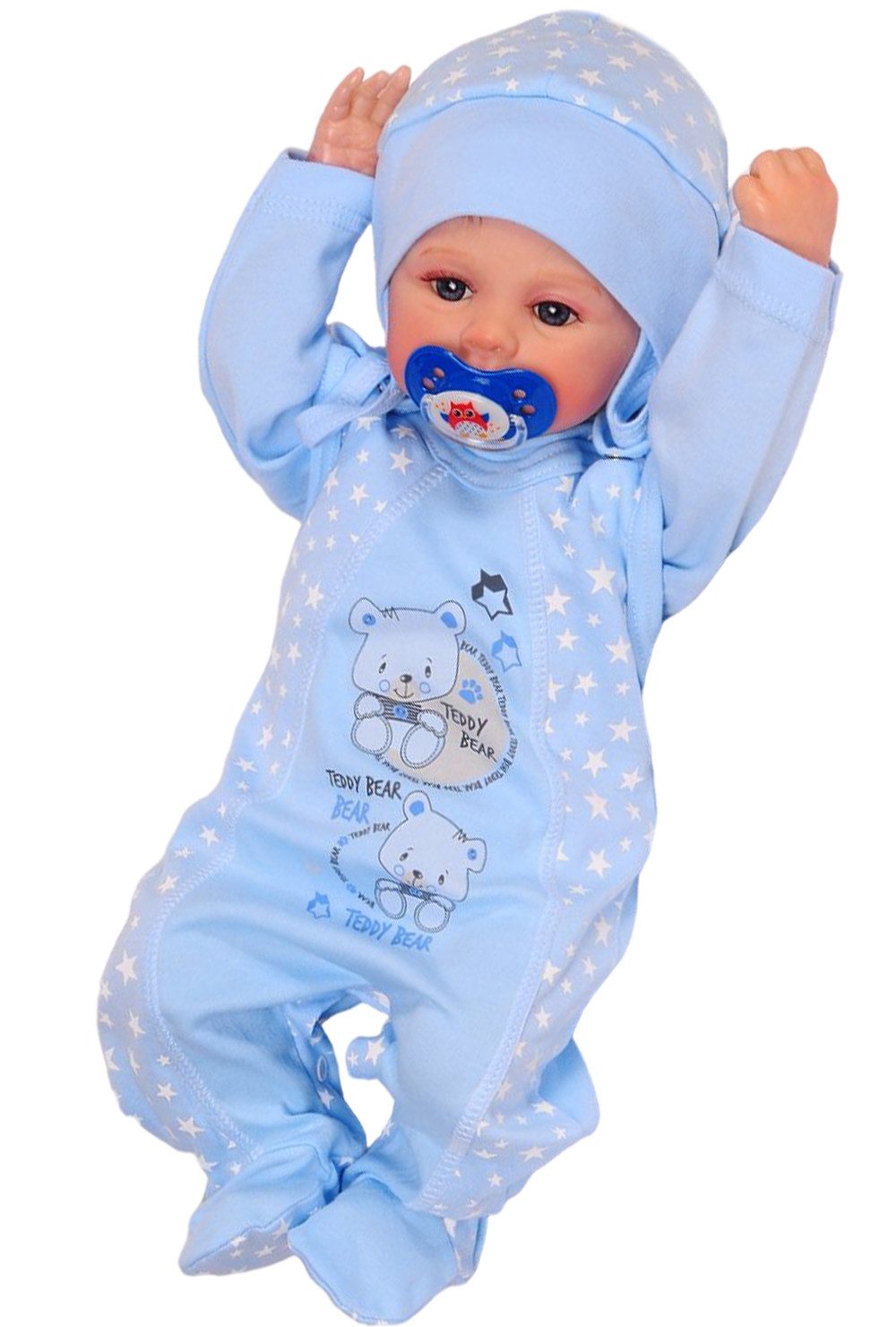 La Bortini Strampler, Jäckchen & Mütze Stramplerhose Shirt Mütze Baby Anzug Erstausstattung in Blau aus reiner Buamwolle, mit Sternchen und Bär, 44 50 56 62 68 74
