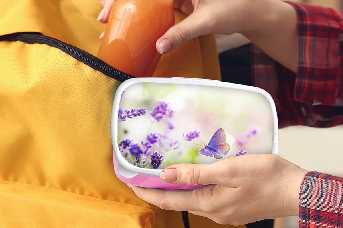 Kunststoff, Snackbox, Schmetterling MuchoWow rosa Lavendel Kunststoff Brotdose Brotbox für Erwachsene, Blumen, - - Mädchen, Kinder, Lunchbox (2-tlg),