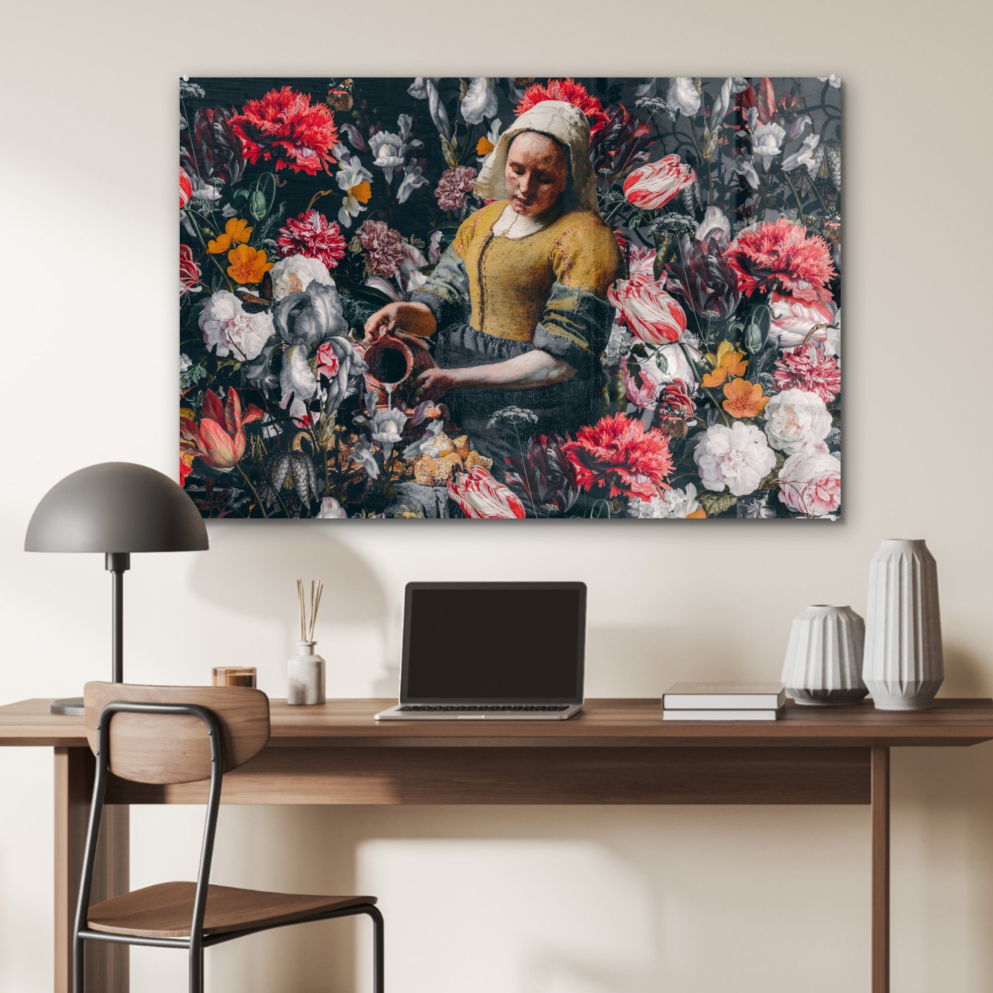 - Wohnzimmer Schlafzimmer (1 Milchmädchen Blumen, St), & MuchoWow Acrylglasbild - Johannes bunt Acrylglasbilder Vermeer