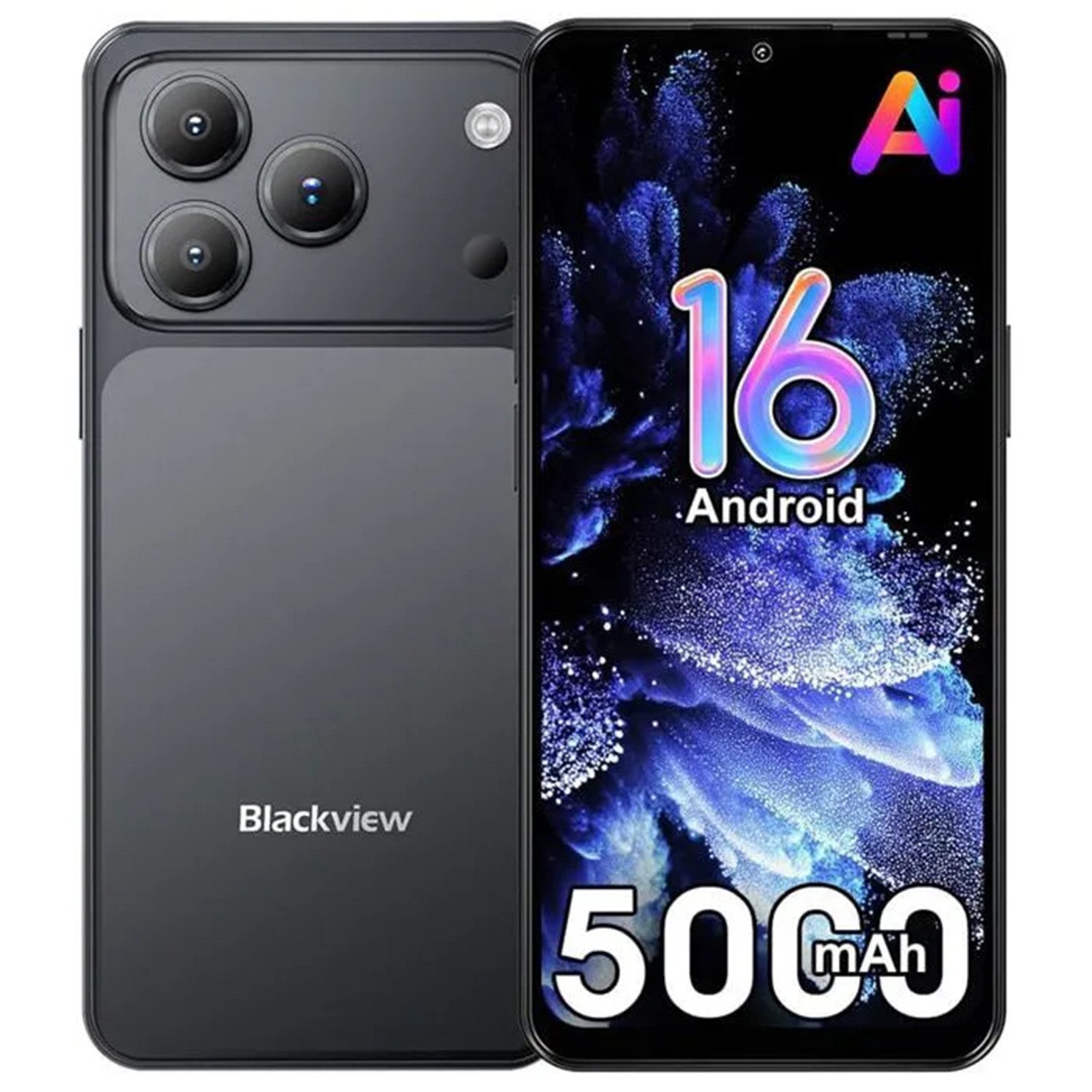 blackview Smartphone ohne Vertrag, 16+128 GB/2 TB,5000mAh, Gemini AI, Android 16 Smartphone (6.56 Zoll, 128 GB Speicherplatz, 32 MP Kamera, 6,56" HD+ Display,Face ID,Dual SIM,KI-Smartphone mit Doke AI 2.0, IP54)