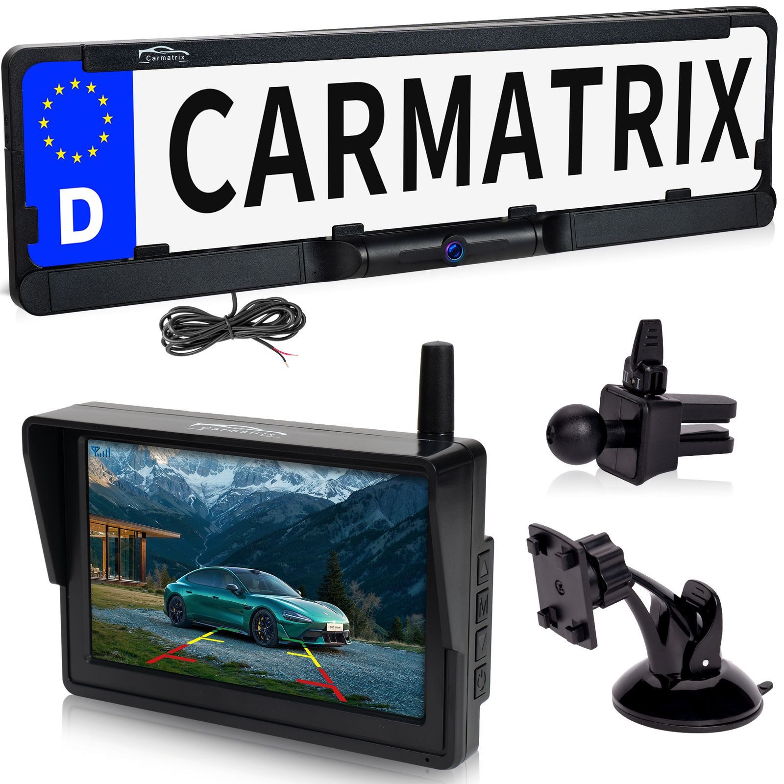 CARMATRIX HD Funk Auto Rückfahrsystem Kennzeichenhalter mit 5" IPS Monitor Rückfahrkamera (HD Funk Video Rückfahrsystem im Nummernschild Kennzeichenhalter, Rückfahrkamera kabellos mit 5" IPS Monitor Abstandslinien)