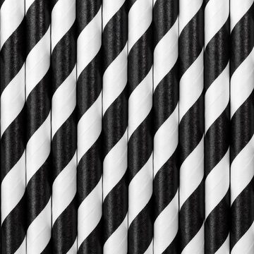 partydeco Trinkhalme, Papierstrohhalme diagonal gestreift 19cm schwarz weiß 10er Set