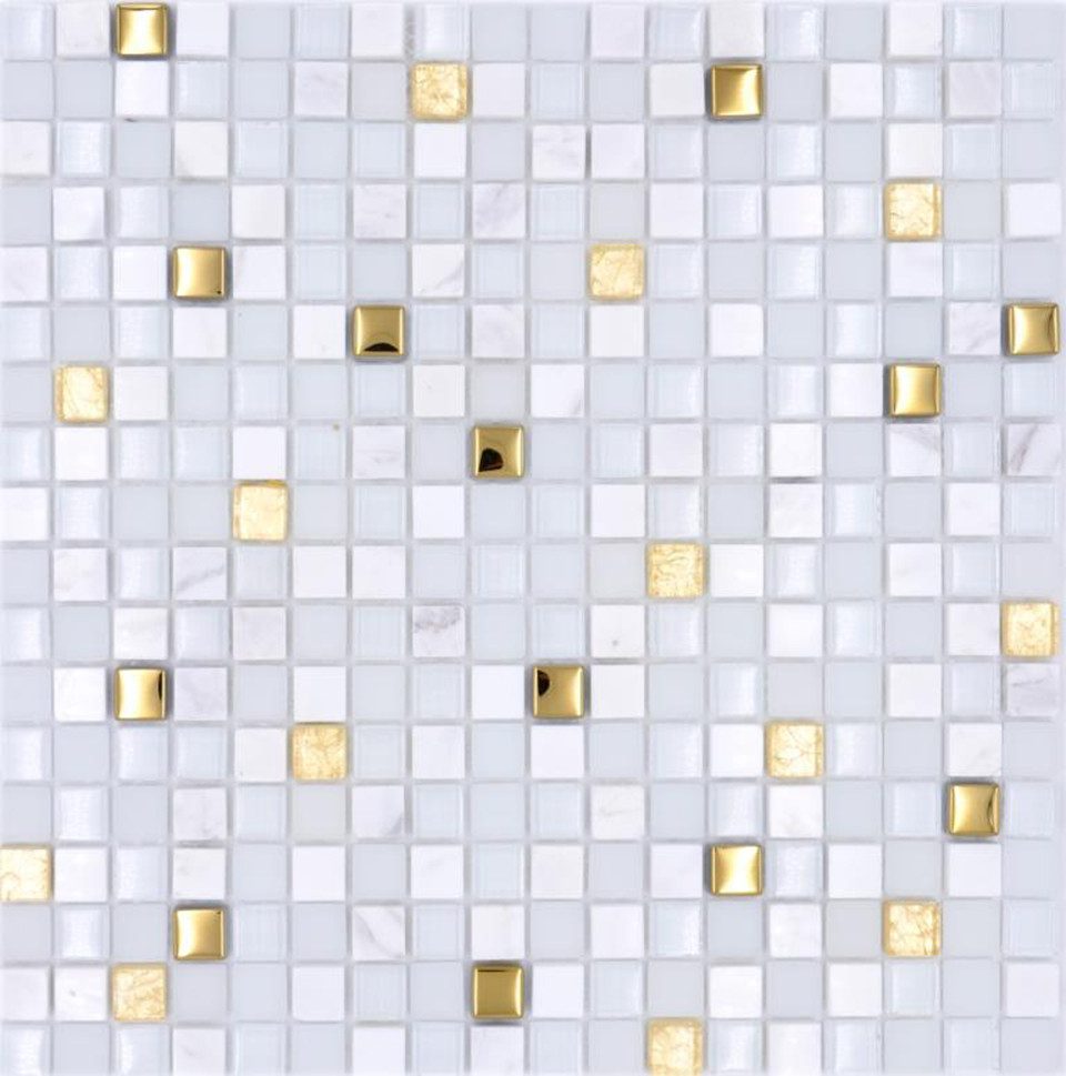 Mosani Mosaikfliesen Glasmosaik Naturstein Mosaik weiß mit gold glänzend / 10 Mosaikmatten