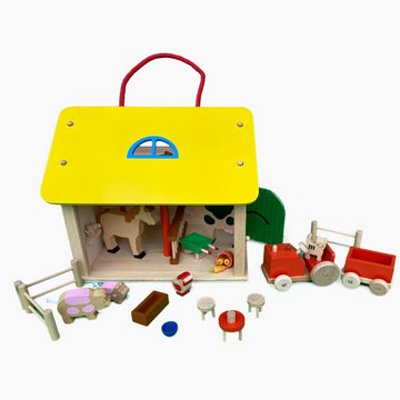 goki Spiel-Gebäude Bauernhaus Koffer mit Zubehör aus Holz (31-tlg), Das bunte Haus kann so gut im Kinderzimmer verstaut werden.