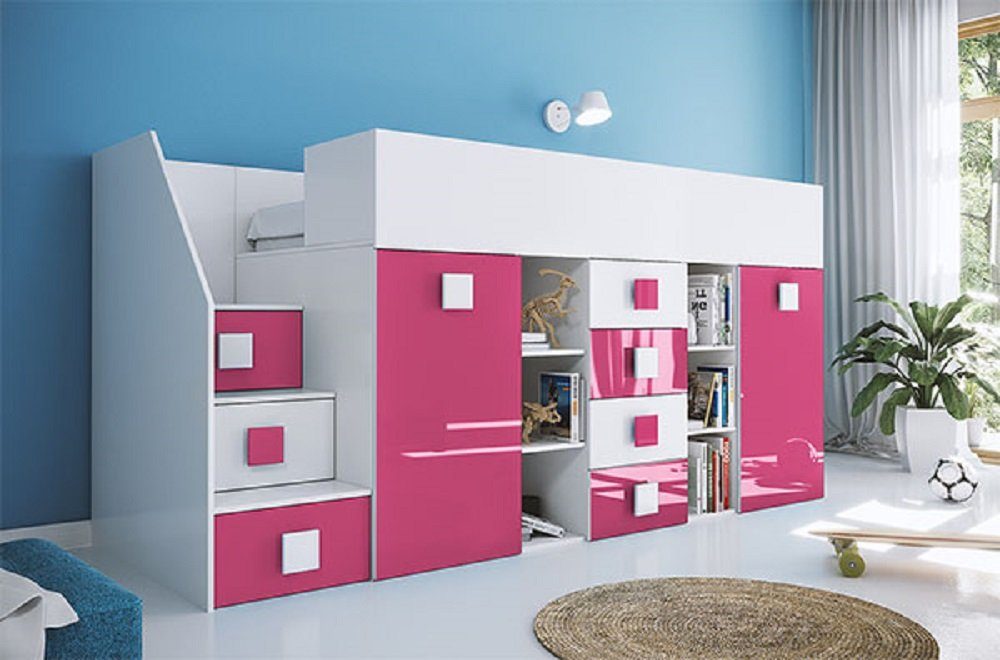 Feldmann-Wohnen Hochbett TOLEDO 3 (Etagenbett mit Schreibtisch + Kleiderschrank) Farbe wählbar - Treppe links weiß / pink Hochglanz - Griffe weiß / pink