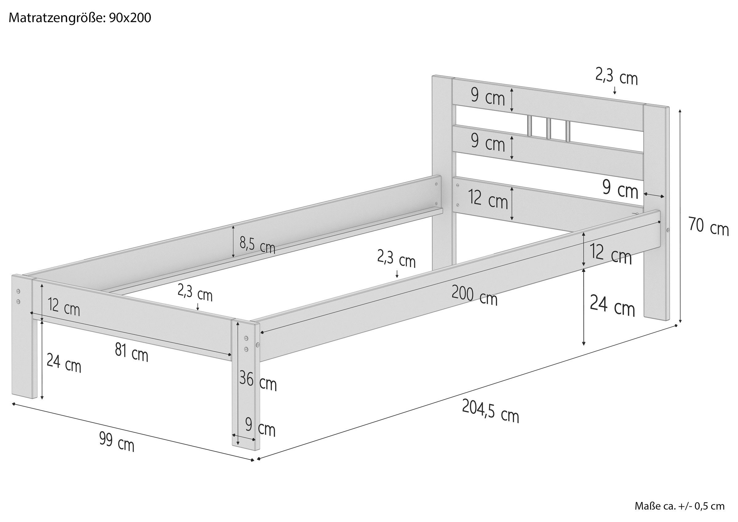 ERST-HOLZ Einzelbett Jugendbett lackiert Massivholzbett Rollrost, Kieferfarblos Bett 90x200 Natur Kiefer