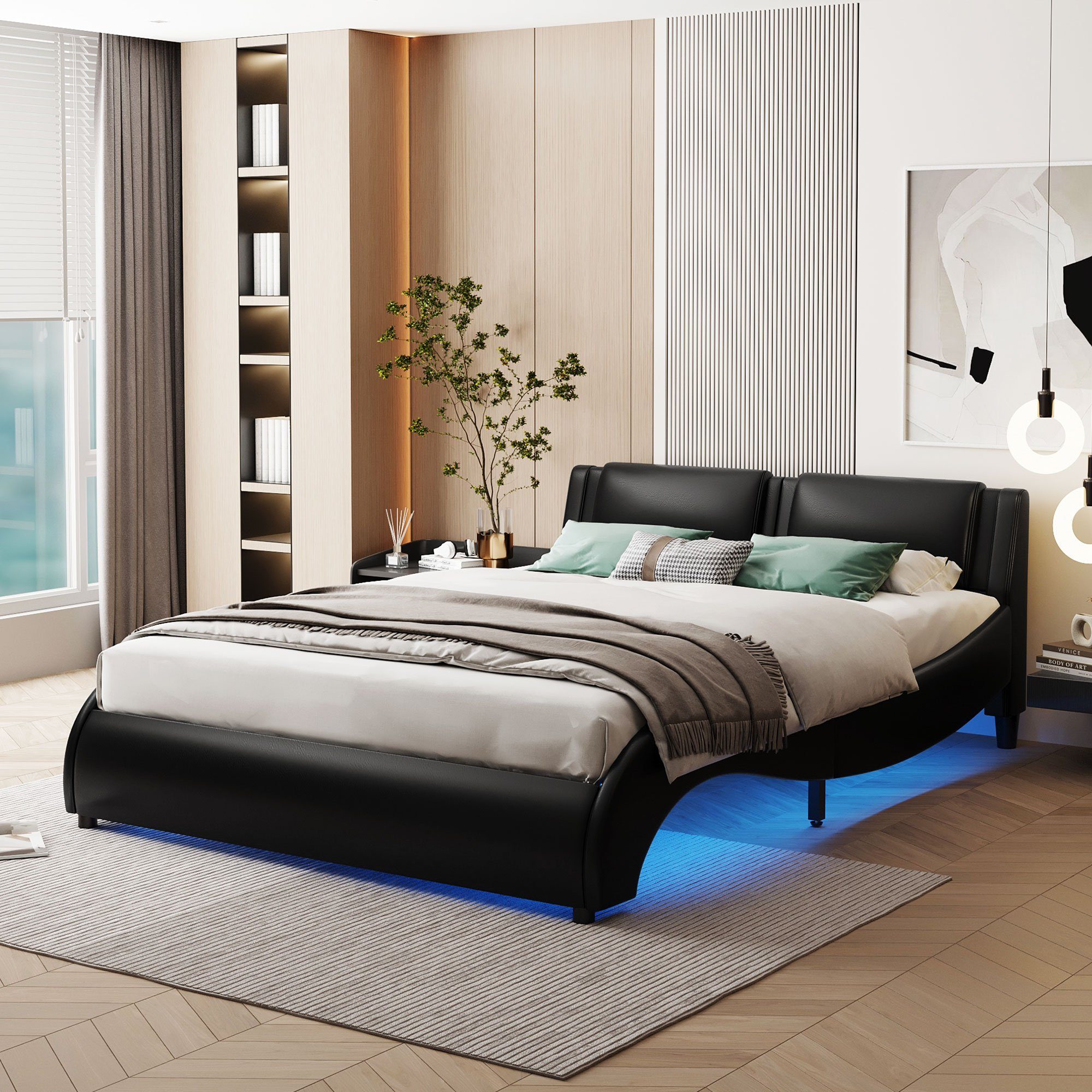Kunstlederbett Schwarz OKWISH mit LED-Lichtbettgestell (140*200cm Bett ohne Gästebett Lattenrosten), Polsterbett Funktionsbett mit Doppelbett Matratze
