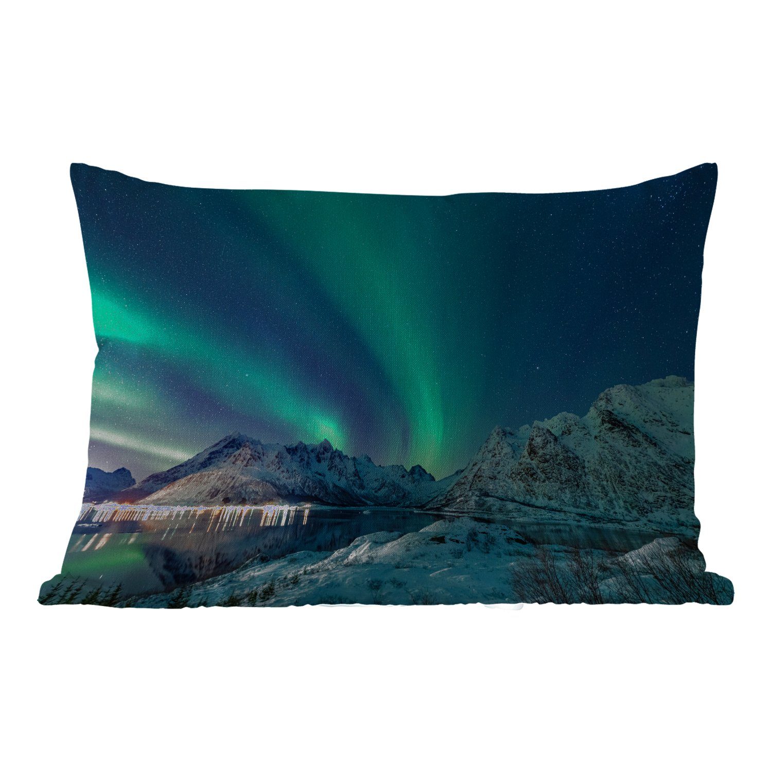 MuchoWow Dekokissen Nordlicht - Berg - Schnee - Grün - Sternenhimmel - Winter, Outdoor-Dekorationskissen, Polyester, Dekokissenbezug, Kissenhülle