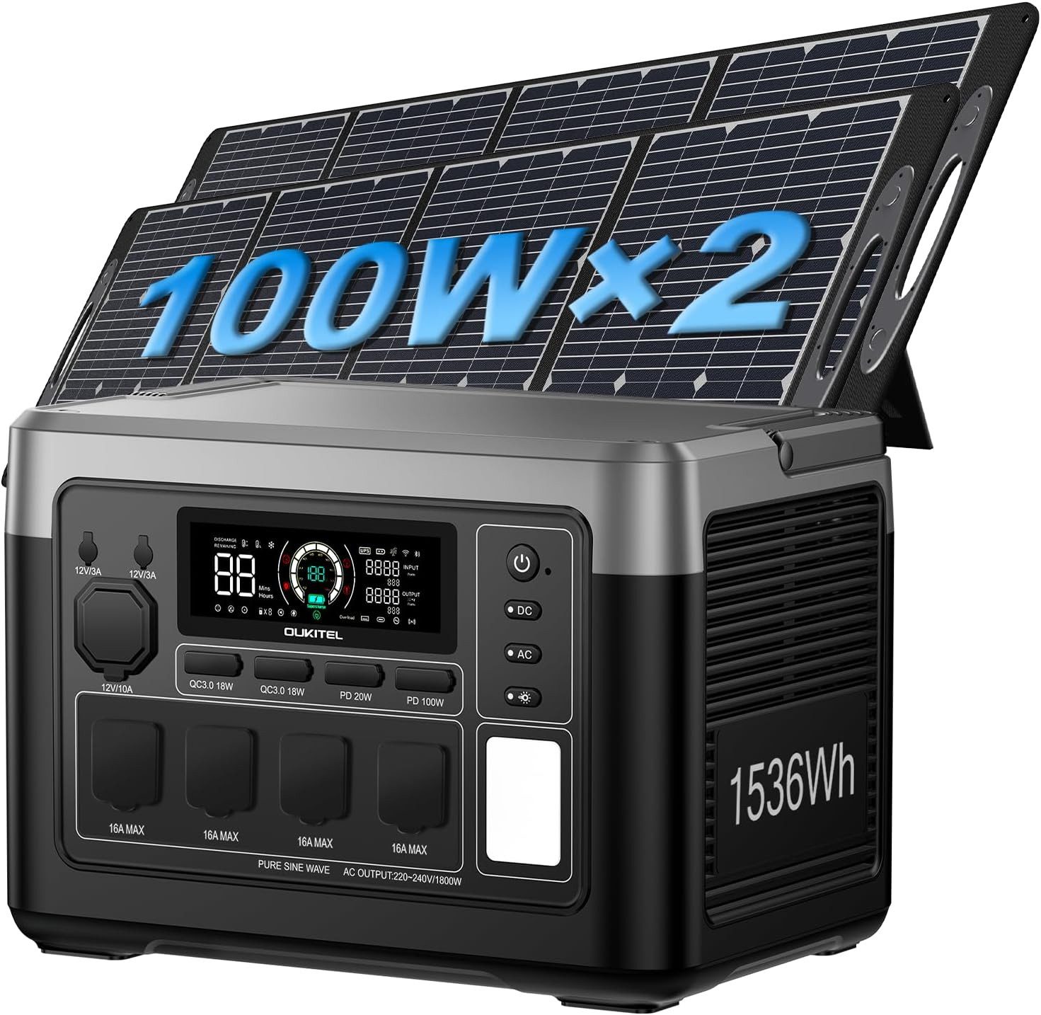 OUKITEL Stromerzeuger P1500E PLUS 1800W/1536Wh Tragbare Powerstation, 1,8 in kW, (LiFePO4-Akku, 1-tlg., Mit 2*100W Solarpanel), Solargenerator mit 4*1800W AC Ausgänge, für Camping,Wohnmobil,Notfall