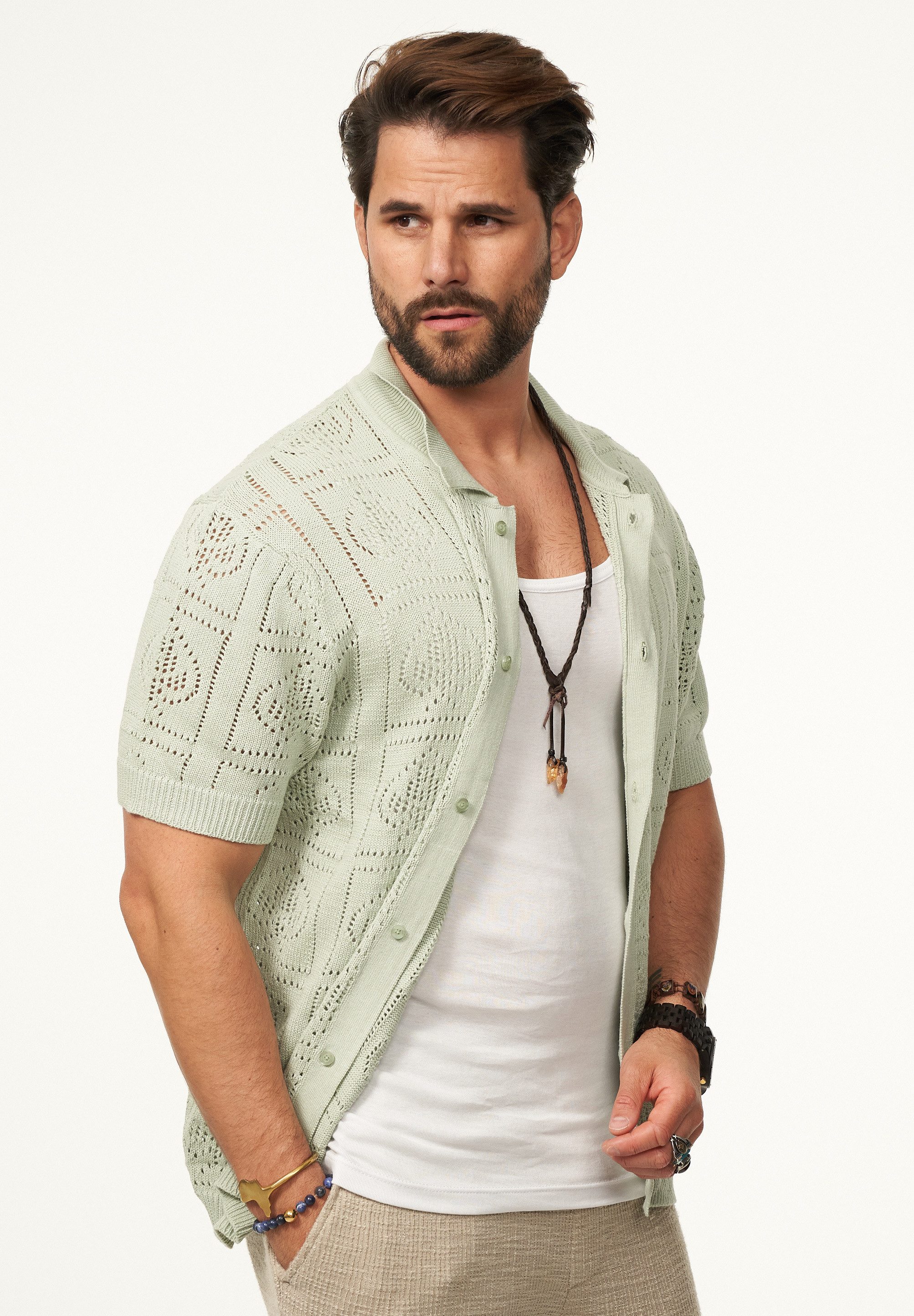 SOULSTAR Poloshirt im Crochet Vintage Summer-Look Herren Kurzarm Strick Pol günstig online kaufen