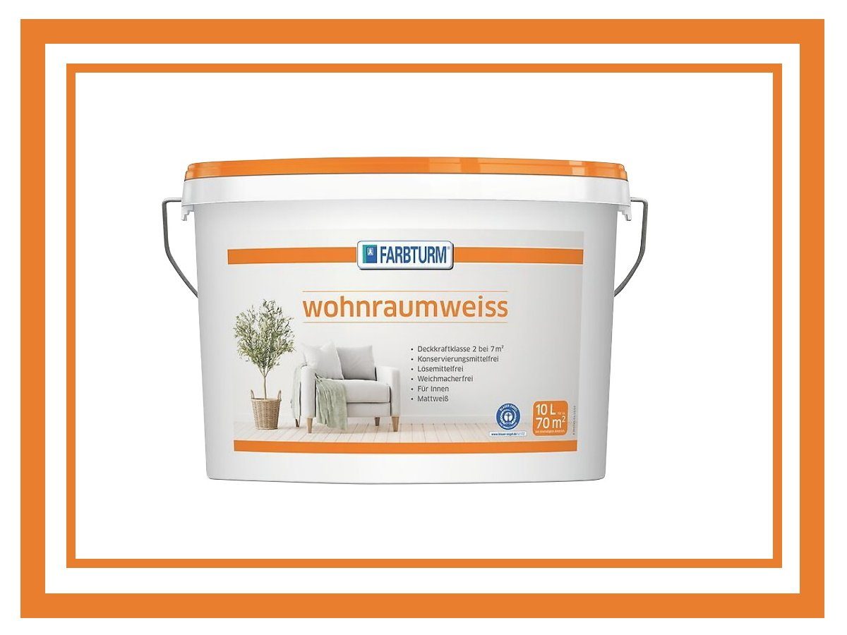 Wand- und Deckenfarbe 10 L Wandfarbe Weiss Wohnraumweiss gute Deckkraft ca. 70 m² Farbturm