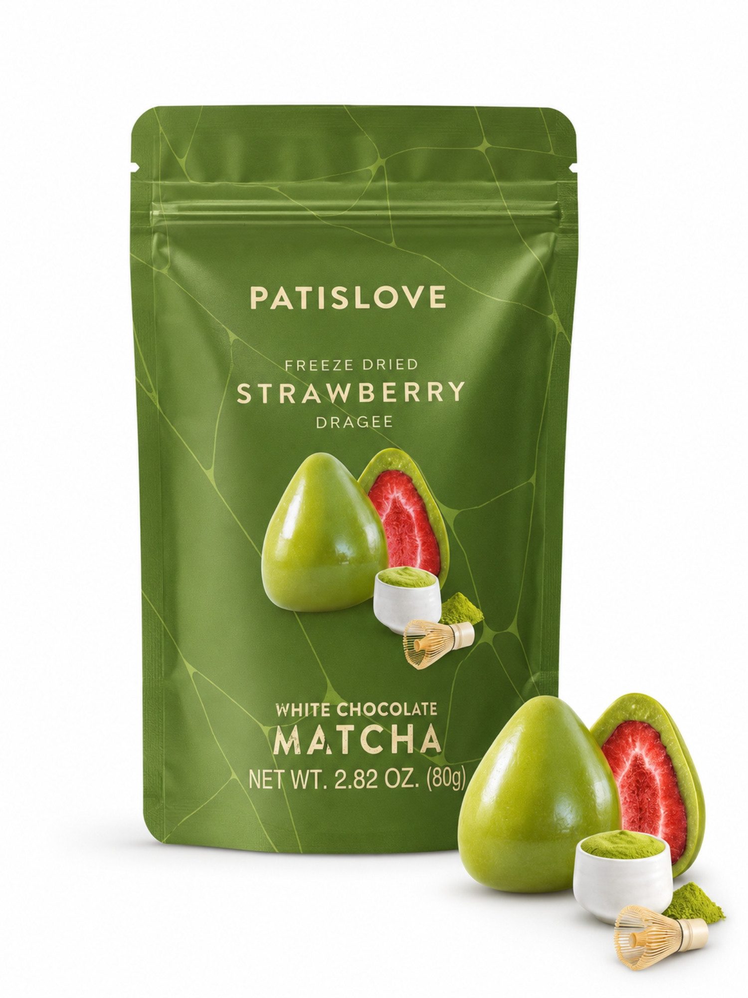 PATISLOVE Schokolade Matcha Erdbeer-Dragees gefriergetrocknet 80 g süßer Snack, 1 x 80 g, mit gefriergetrockneter Erdbeere, mit Matcha