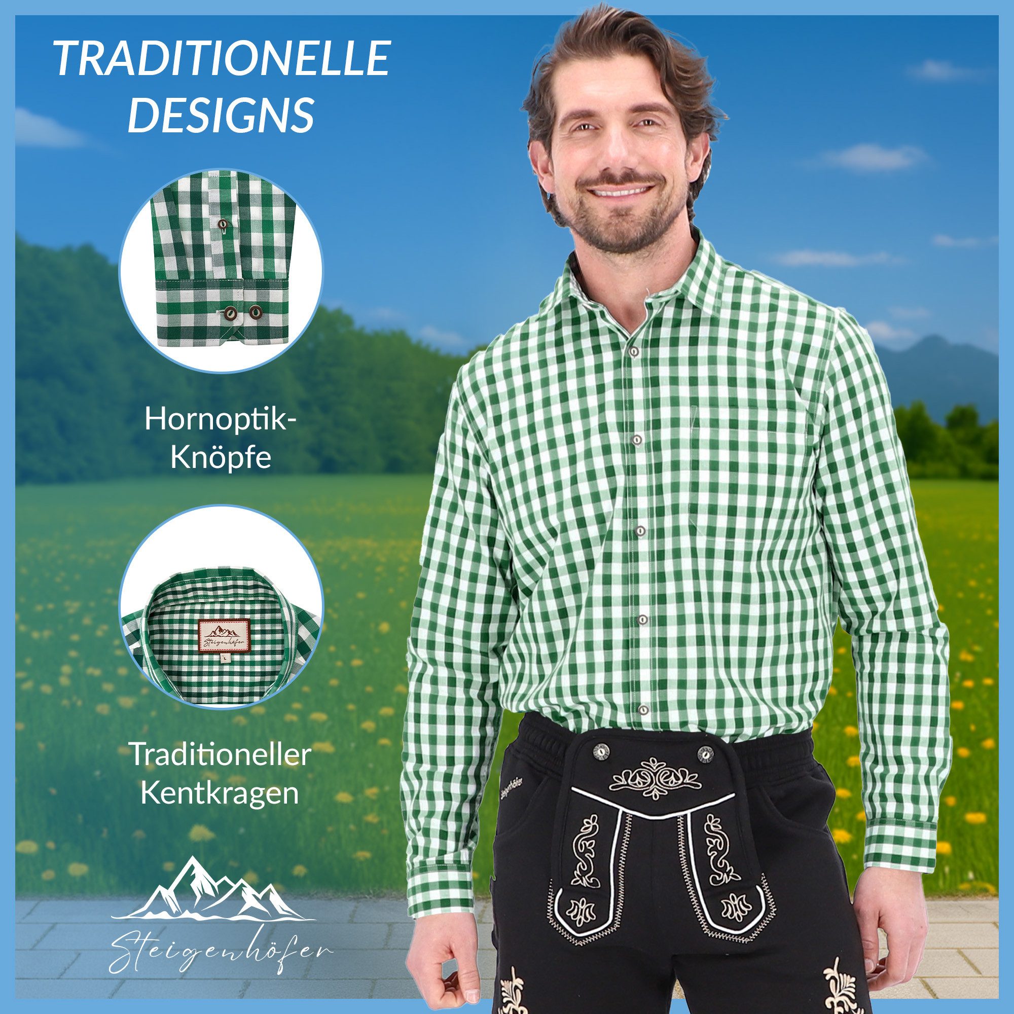 Steigenhöfer Manufaktur Trachtenhemd Herren Langarm - Basti - Traditionelles Herren Hemd - Hornoptik-Knöpfe Traditioneller Kentkragen und angenehmer Tragekomfor – Bild 4 von 5