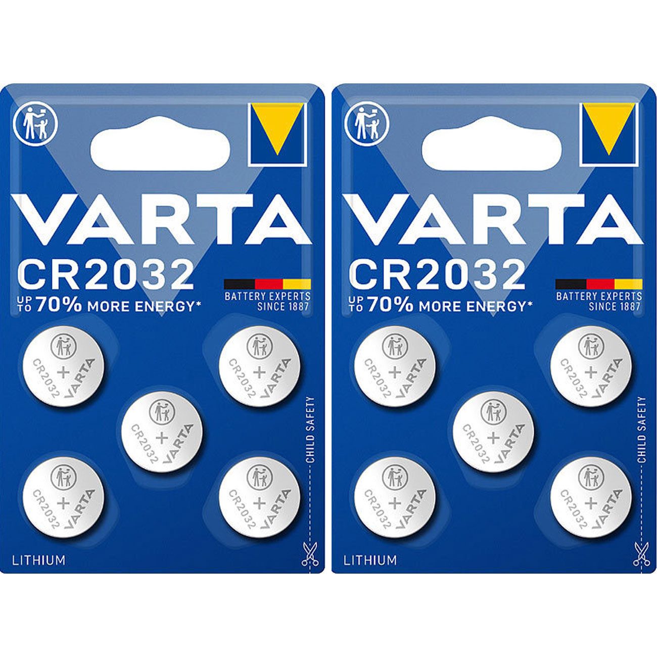 VARTA CR2032 Lithium, 3V, 230mAh für Uhren & Autoschlüssel, 20x3,2mm Knopfzelle, (10 St), Primäre Lithium-Knopfzelle (Li/MnO2)