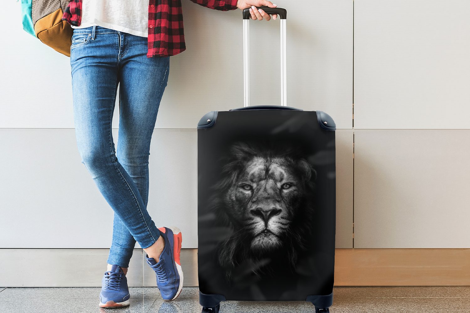 Ferien, Löwen Reisekoffer Porträt 4 für mit Dschungel Reisetasche weiß, und im rollen, schwarz Trolley, Handgepäckkoffer Rollen, MuchoWow Handgepäck - eines