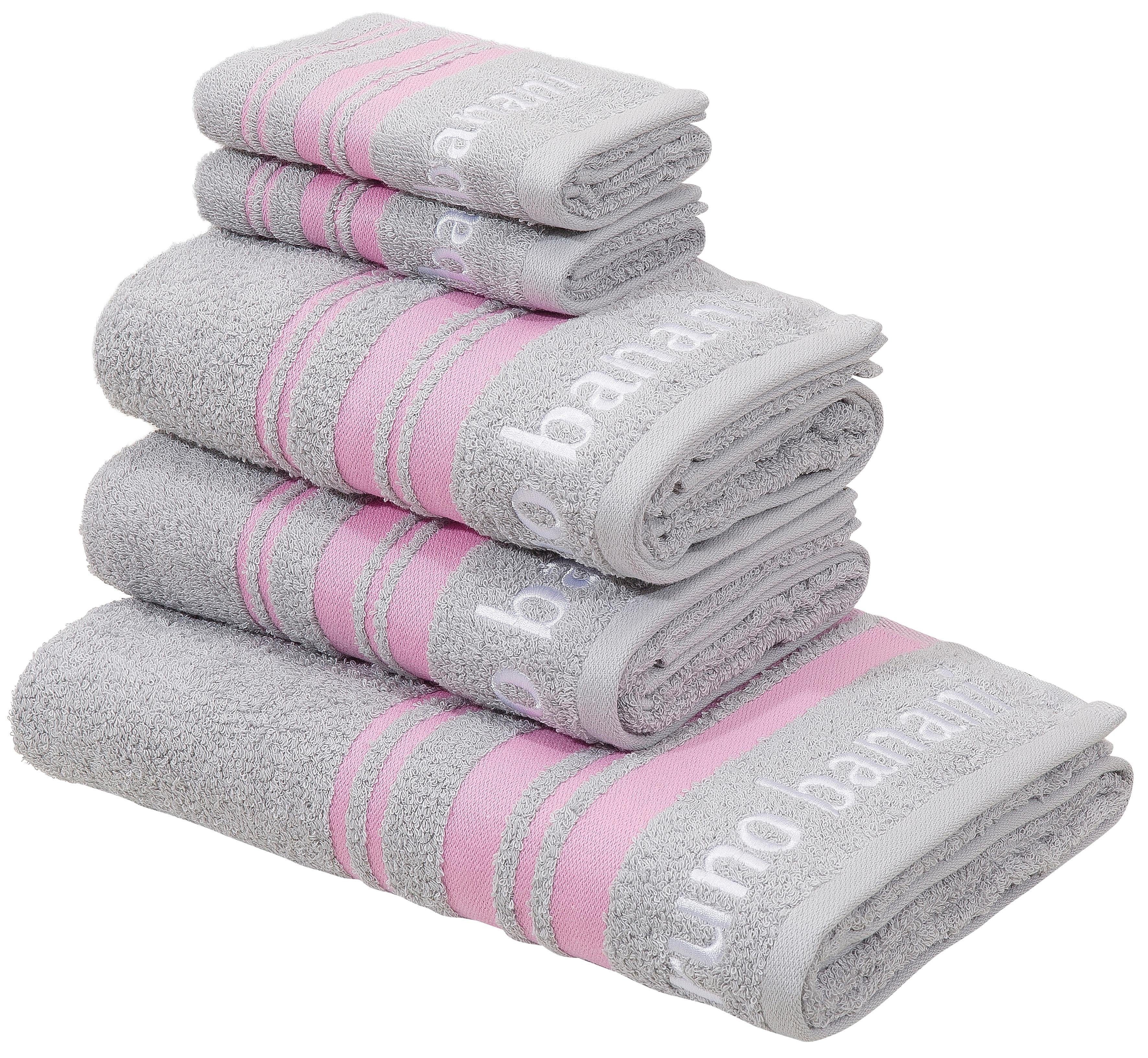 Bruno Banani Handtuch Set Daniel, 1 Duschtuch 70x140, 2 Handtücher 50x100, 2 Gästetücher 30x50, Walkfrottee (Set, 5-St), Streifen-Bordüre & Markenlogo, weich, 100% Baumwolle